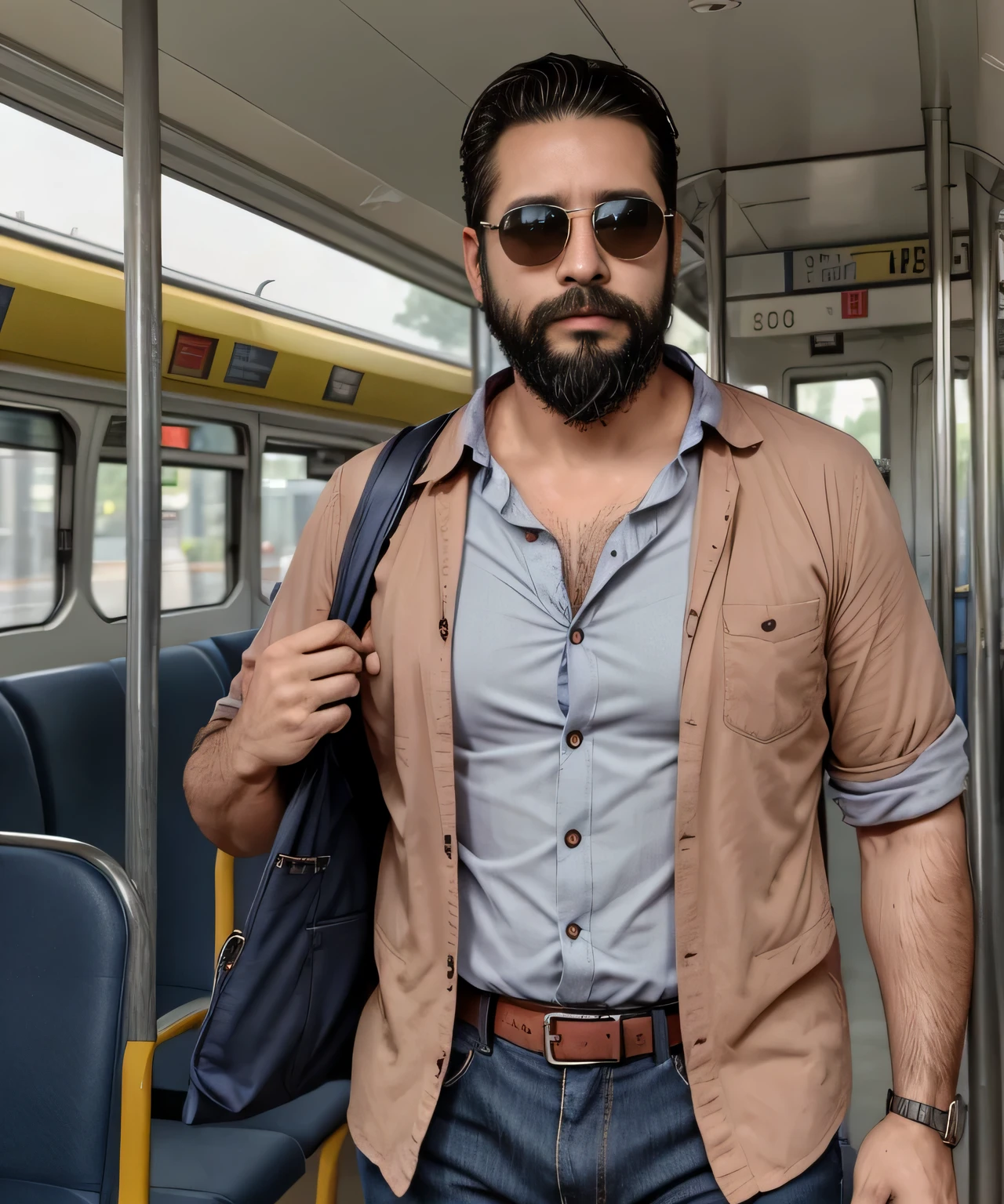 Parte superior del cuerpo, 38 year old man with beard and sunglasses. Hombre vistiendo ropa formal con camisa roja, on public transport .