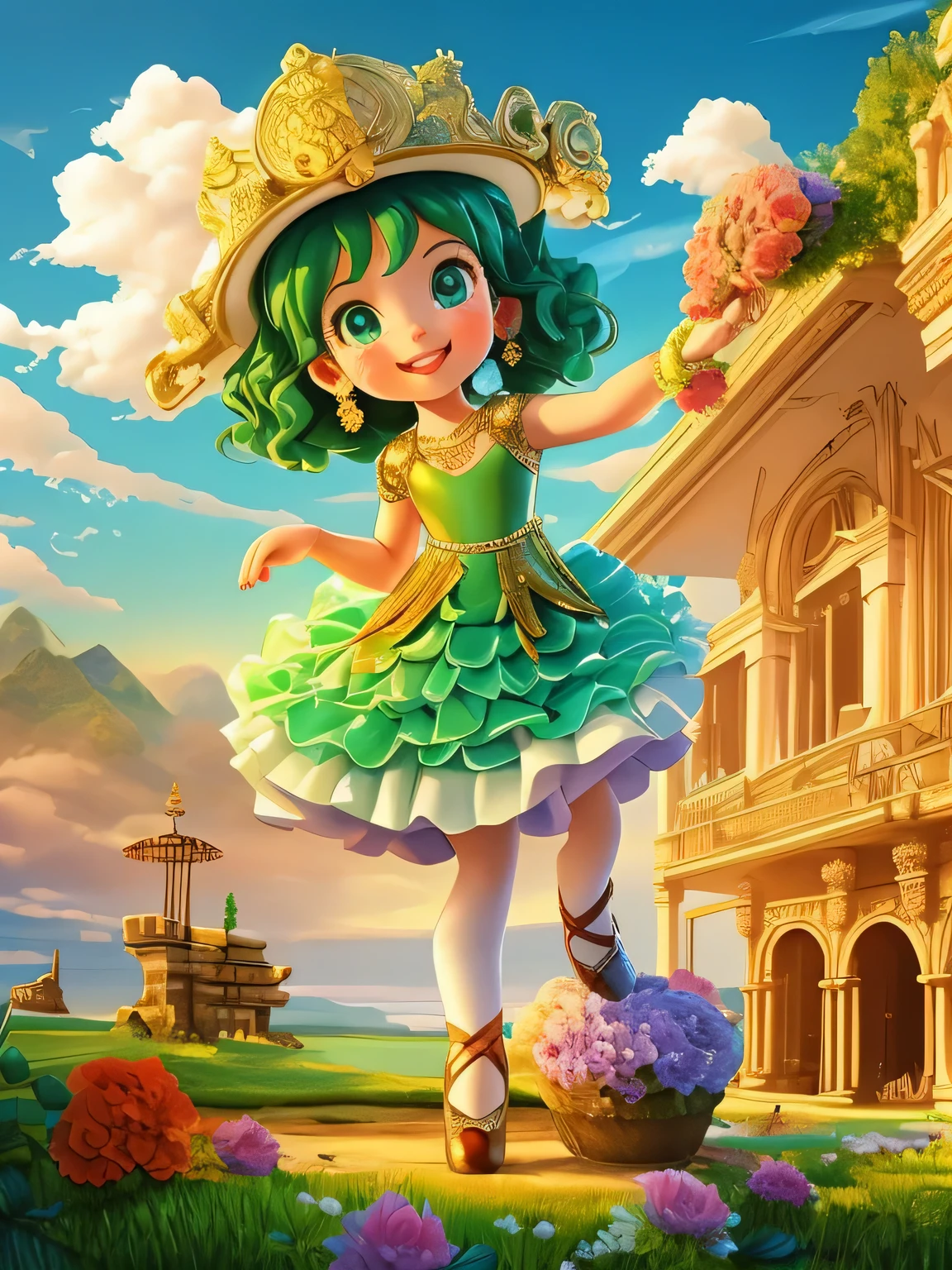 Produce a picturesque scene of a , 5 years, with piercreen eyes, adorned in a ballet costume, gracefully dancing ballet amidst an ancient landscape. The clouds above should spell out the name 'SARAH'