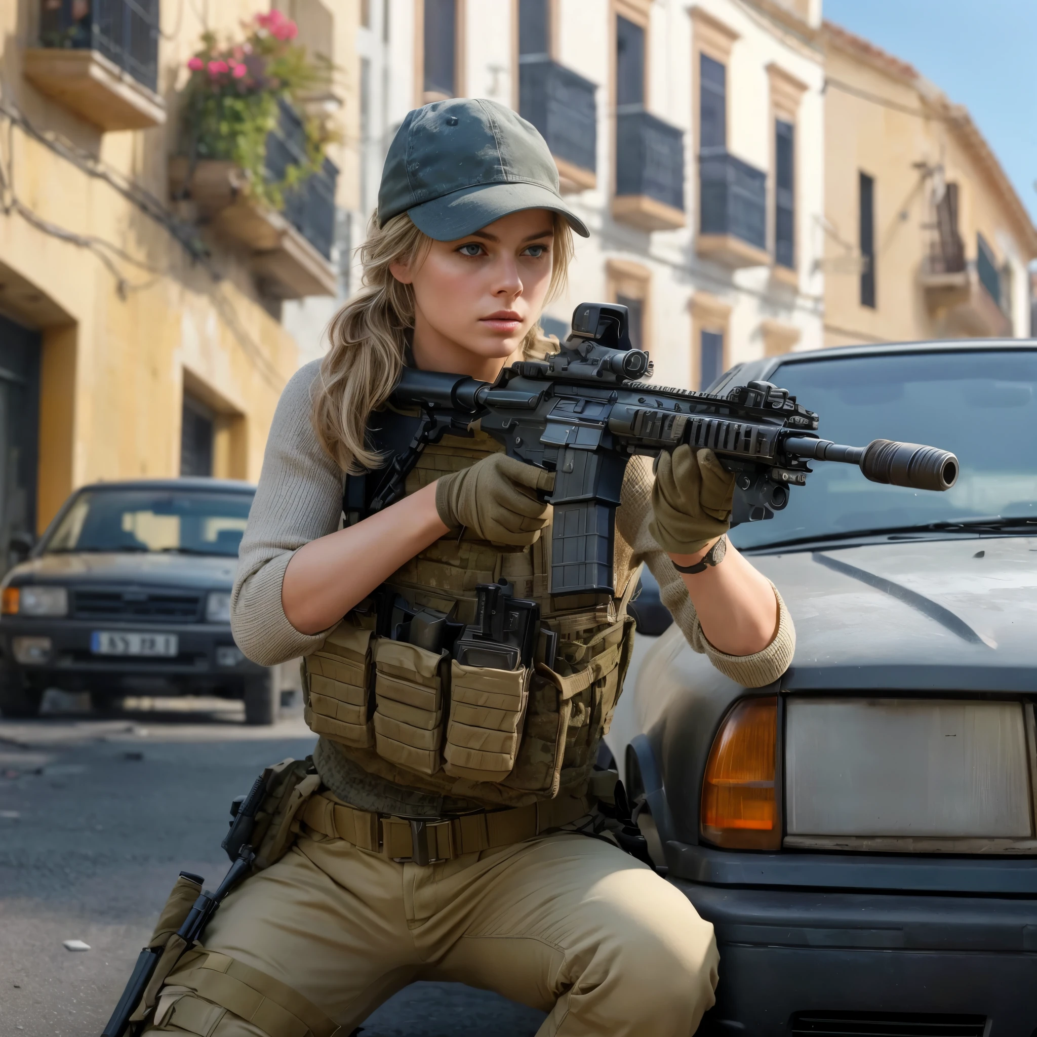 Masterpiece, an American 26 years old female CIA operative in a Marbella street. She is wearing a CIA operative civil attire with a baseball cap. She is taking cover behind a car, she is under heavy fire. she is getting ready to fire back with her HK416 R assault rifle. The background is urban warfare in a typical spanish street. she has a very tensed and determined face. She has medium dark blonde hair in a ponytail with blue eyes. her skin is pale. beautiful thin face with a tough expression woman in military uniform kneeling down with rifle in front of car, of a sniper girl in war, cg art, photorealist, beautiful female soldier, glamorous jill valentine, photorealistic shot, soldier girl, infantry girl, military girl, cg artist, quiet from metal gear solid v, female lead character, margot robbie in gta v, realistic scene, photorealistic cgi, 16K, ultra high res.photorealistic, UHD, RAW