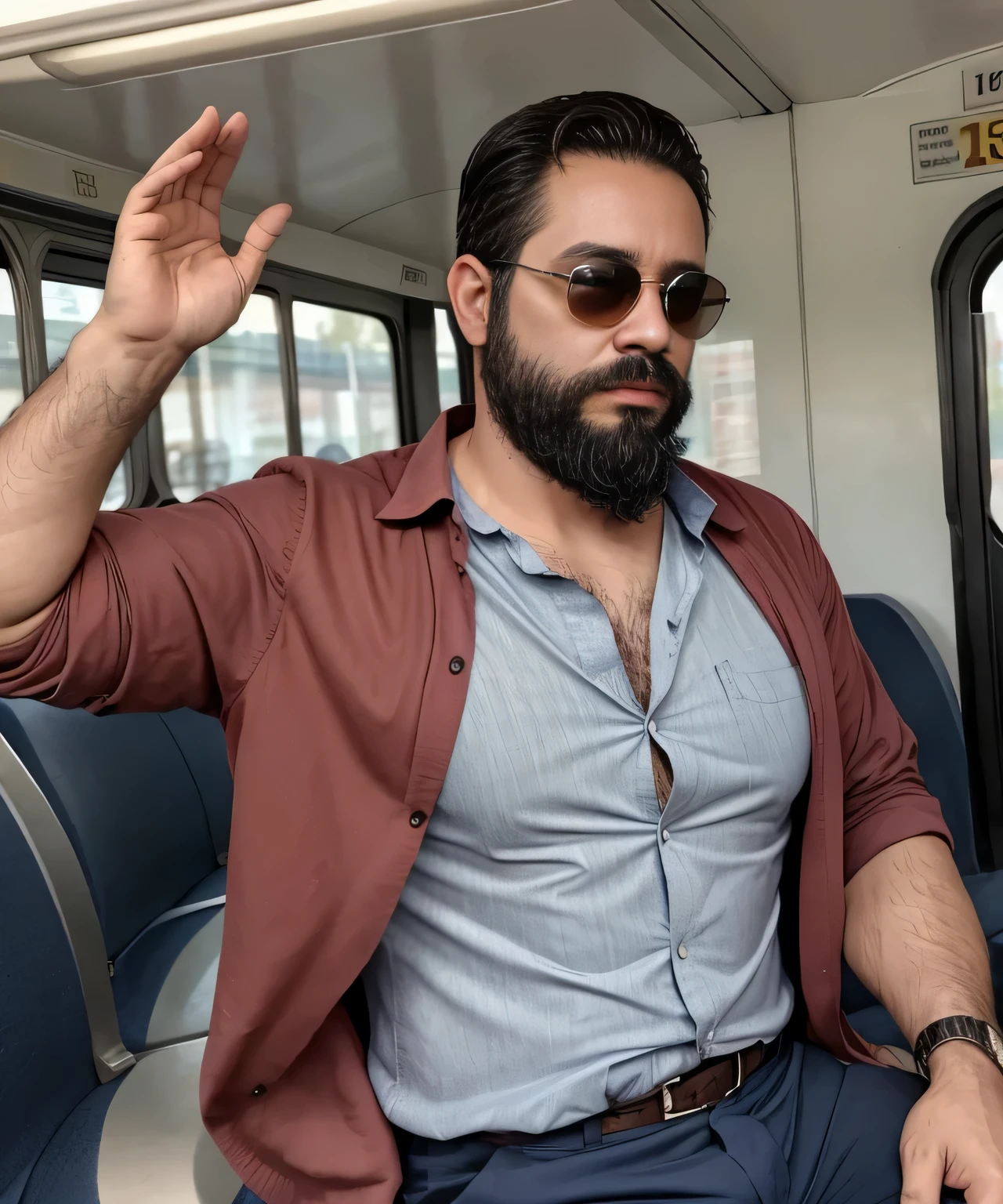 Parte superior del cuerpo, 38 year old man with beard and sunglasses. Hombre vistiendo ropa formal con camisa roja, on public transport .