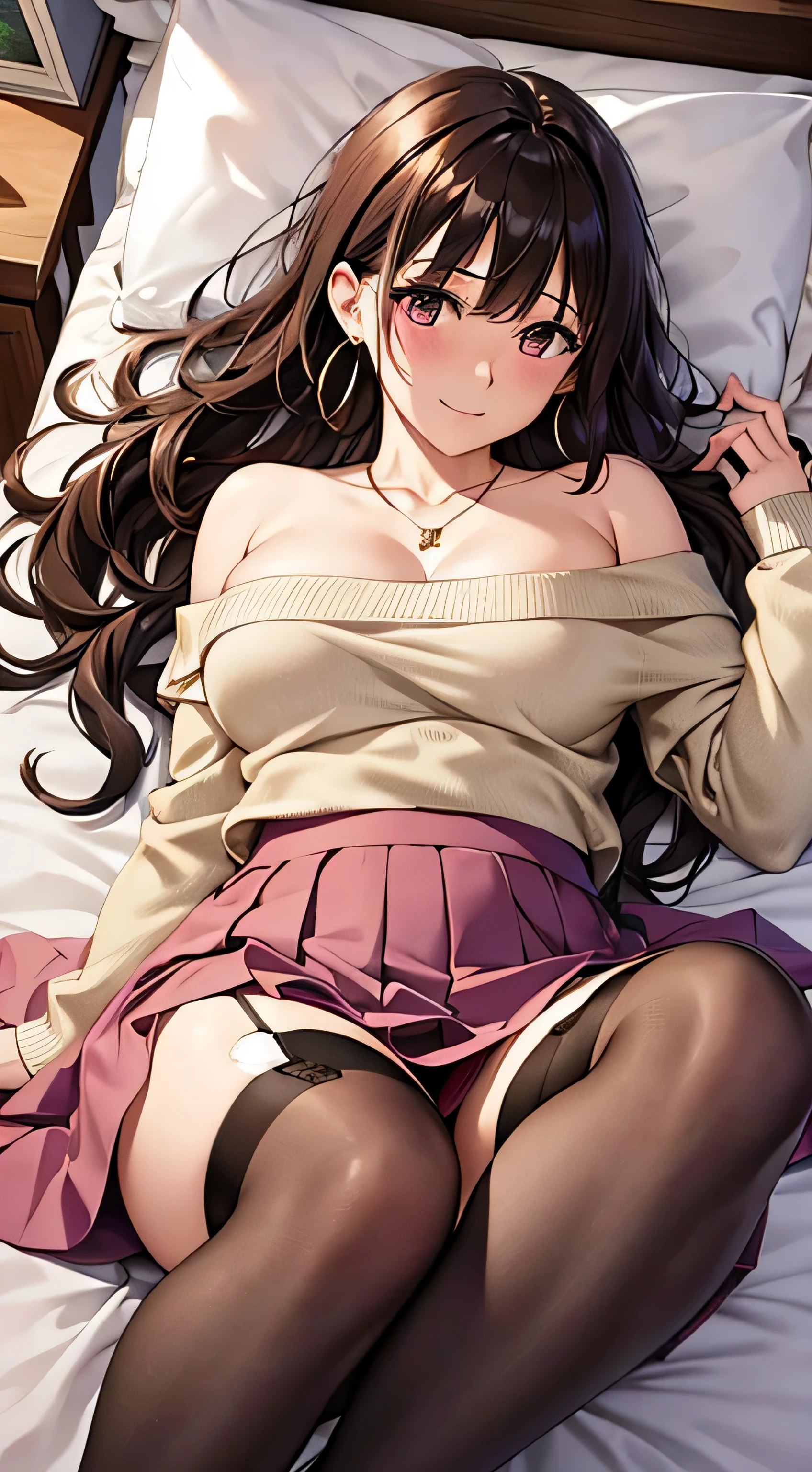 (table top, highest quality, High resolution, , perfect pixel, 4k,), 1 girl, single, alone, Beautiful woman、I could see the whole body、 ((wavy middle hair, bangs, brown hair)), ((brown eyes, beautiful eyelashes, realistic eyes)), ((detailed face, blush:1.2)), ((smooth texture:0.75, realistic texture:0.65, realistic:1.1, Anime CG style)), medium breasts, dynamic angle, perfect body, ((, beige off shoulder sweater、Tight denim skirt、black stockings、cute necklace、earrings、)), upper grade、shy smile、Luxury hotel room、sleep on your back in bed、((open legs))、angle from below、Put your arms together to accentuate your cleavage、、((Pink lace panties are visible))、