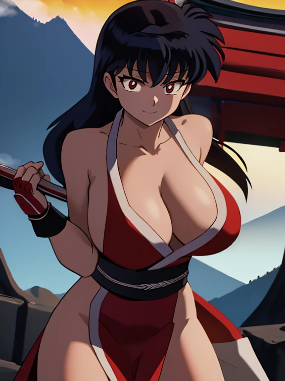 masterpiece, best quality, Kagome Higurashi, 25 years old, large breasts, cleavage, very busty, big hips, She stands tall while wearing a red Kunoichi dress, pelvic curtain, arm guards and gloves. she's looking directly at the camera with an confident smirk. Her gaze is both alluring and fierce, as she holds a red fan with a tight grip. cowboy shot, Perfect Anatomy,(Professional Lighting), 4k textures, raw photo, epic artistic, photoreal art, sharp focus, even lighting, insane details, intricate details, hyperdetailed, rich colors, BREAK Outdoors, temple, Japanese architecture, the view of the mountains