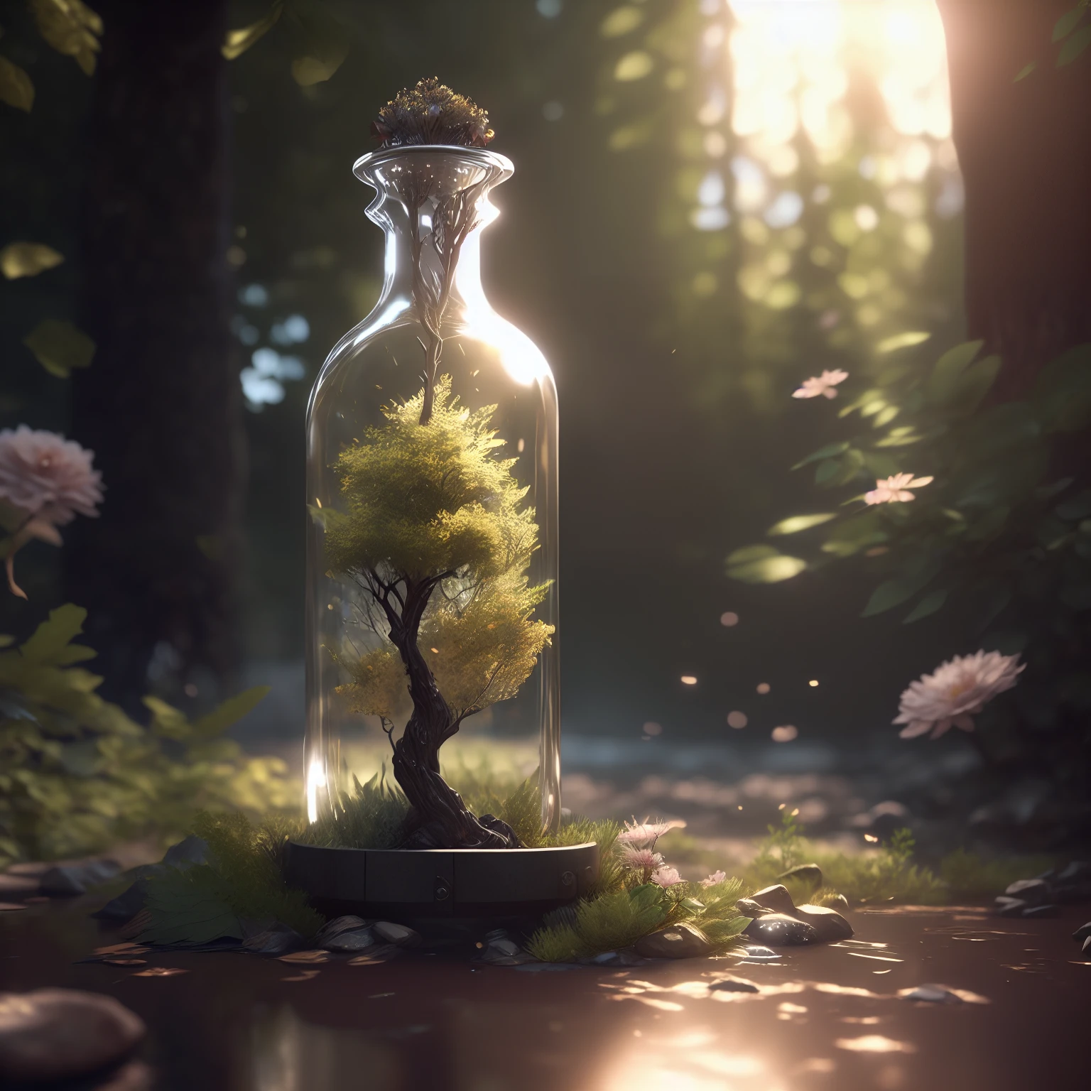 dreamlikeart tree in a bottle, fluffy, realistic, photo, canon, dreamlike, art, colorfull leaves and branches with flowers on top of its head. hyperdetailed photorealism by greg rutkowski - h 1024 w 804 | f 1 6 lens mark 2:2 s 3555 mm film grain :1 lifelike high res sharp focus contrast!! intricate detailed atmospheric light refraction lighting unreal engine 5 cinematic concept photography masterpiece octane render trending at cgsociety rendered as
