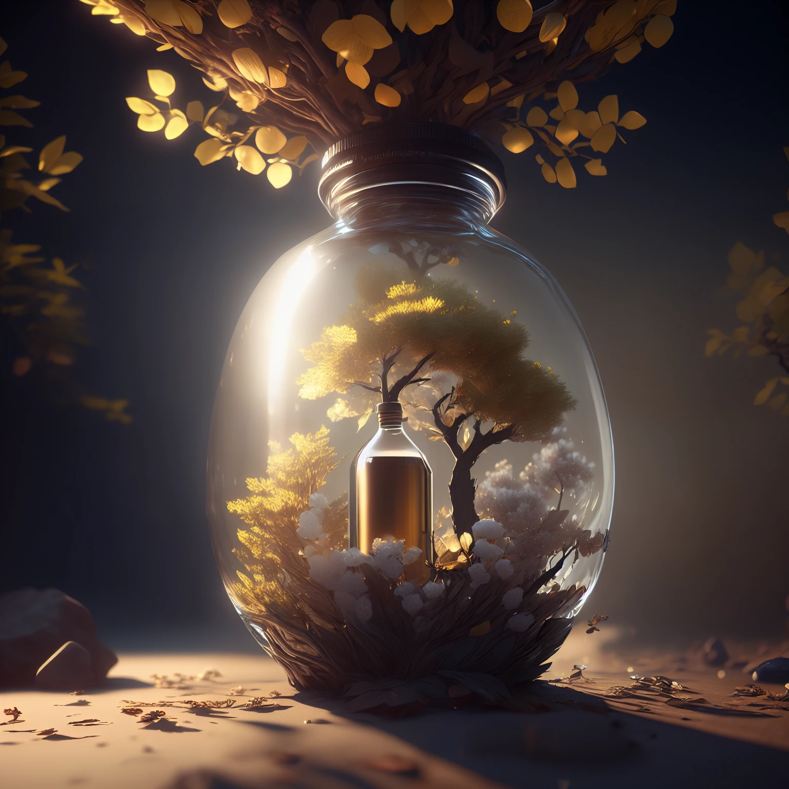 dreamlikeart tree in a bottle, fluffy, realistic, photo, canon, dreamlike, art, colorfull leaves and branches with flowers on top of its head. hyperdetailed photorealism by greg rutkowski - h 1024 w 804 | f 1 6 lens mark 2:2 s 3555 mm film grain :1 lifelike high res sharp focus contrast!! intricate detailed atmospheric light refraction lighting unreal engine 5 cinematic concept photography masterpiece octane render trending at cgsociety rendered as