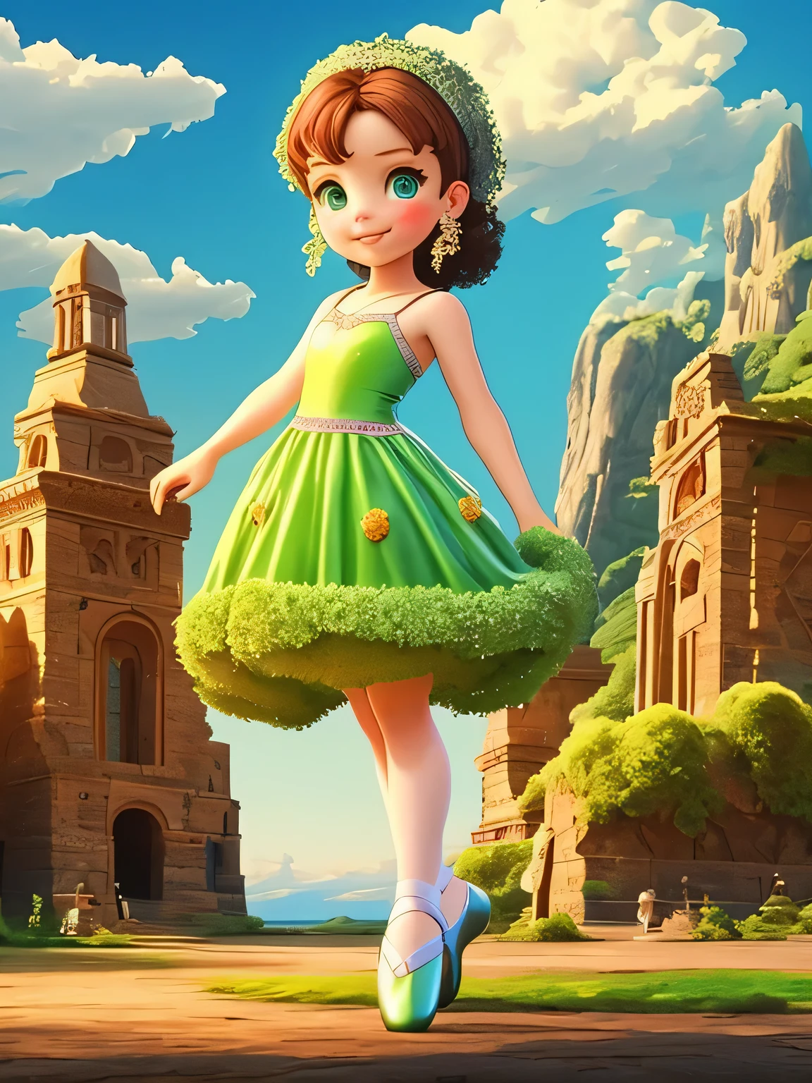 Produce a picturesque scene of a , 5 years, with piercreen eyes, adorned in a ballet costume, gracefully dancing ballet amidst an ancient landscape. The clouds above should spell out the name 'SARAH'