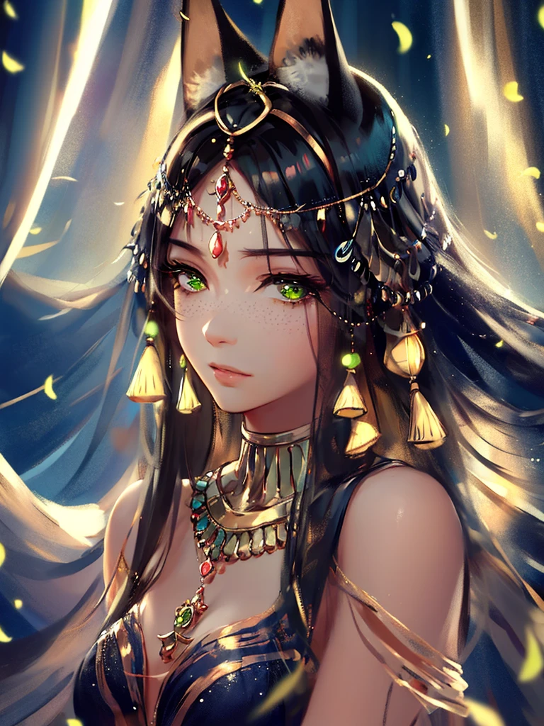 very good illustration, High detail, dynamic angle, beautiful detailing,2D, (Best quality, masterpiece, Beauty, tenderness), Anime, Highly detailed face, very detailed eyes, very detailed background, Ideal lighting, Whole body, 1 girl, One, (Very detailed cat ears), (Very detailed ears behind the hair)? Goddess Bastet, Ancient Egypt \(Очень подробный Ancient Egyptian\), Very detailed clothes, green eyes, Finely detailed eyes, ears covered with hair, (Very detailed background)