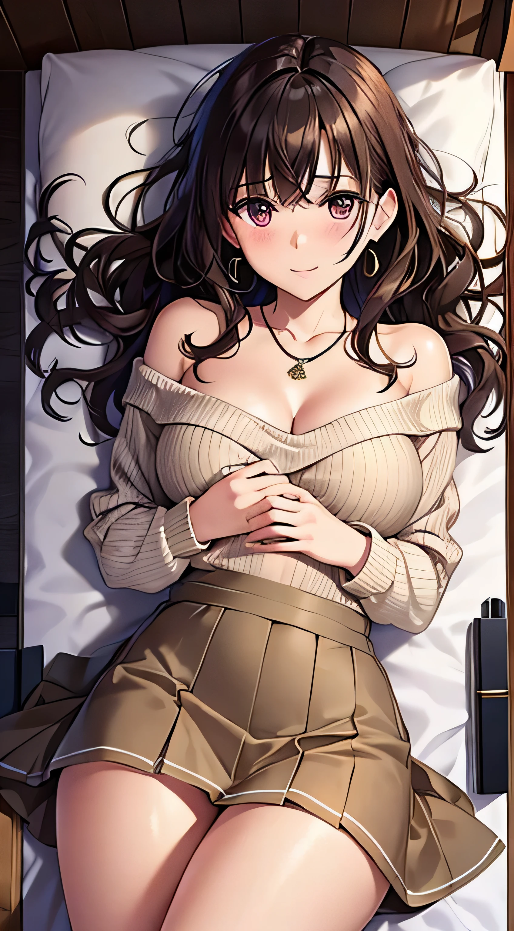 (table top, highest quality, High resolution, , perfect pixel, 4k,), 1 girl, single, alone, Beautiful woman、I could see the whole body、 ((wavy middle hair, bangs, brown hair)), ((brown eyes, beautiful eyelashes, realistic eyes)), ((detailed face, blush:1.2)), ((smooth texture:0.75, realistic texture:0.65, realistic:1.1, Anime CG style)), medium breasts, dynamic angle, perfect body, ((, beige off shoulder sweater、Tight denim skirt、black stockings、cute necklace、earrings、)), upper grade、shy smile、Luxury hotel room、sleep on your back in bed、((open legs))、angle from below、Put your arms together to accentuate your cleavage、、((Pink lace panties are visible))、