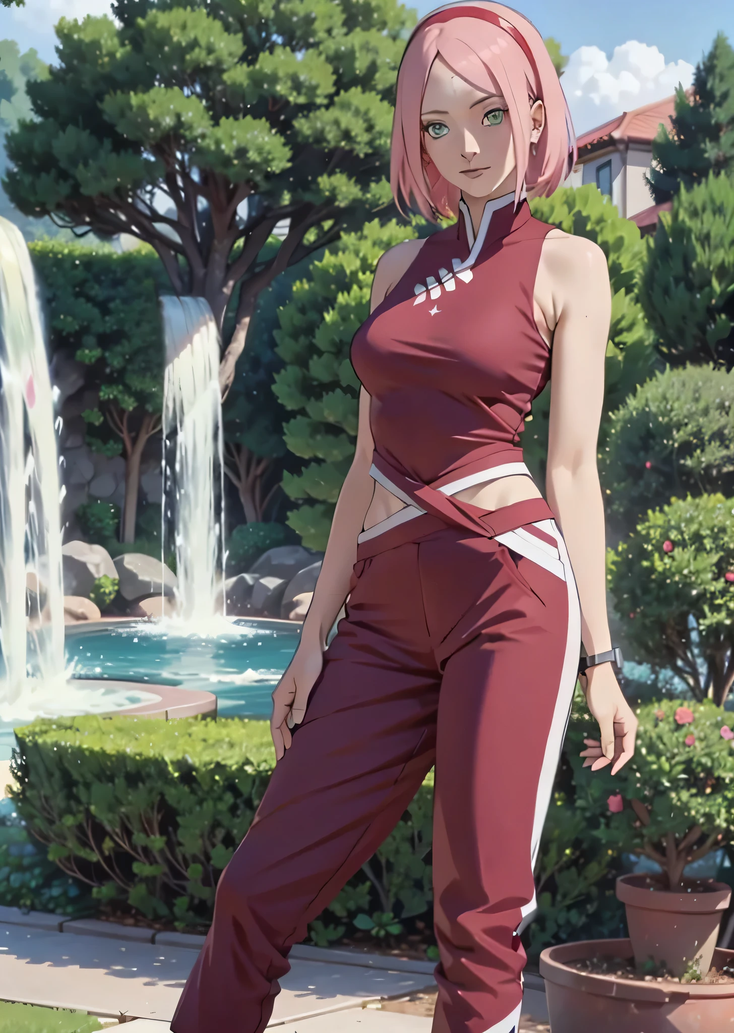Sakura Haruno,1 girl,small breasts,perfect body,Slim waist,hot body,Light pink hair,green eyes,Symmetrical face,Sharpness,Intense focus,Highly detailed clothing,beautiful smile,Looking at the scenes,She stayed in place,Stand up straight,Beautiful garden in the background,Dark blue diamonds on the forehead,Black paws,Red hair band,Red jogging pants,White and red slim fit tank top,sleeveless,Shortened tank top,Completely full body,Full length image,