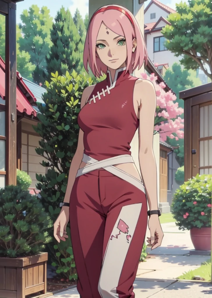 Sakura Haruno,1 girl,small breasts,perfect body,Slim waist,hot body,Light pink hair,green eyes,Symmetrical face,Sharpness,Intense focus,Highly detailed clothing,beautiful smile,Looking at the scenes,She stayed in place,Stand up straight,Beautiful garden in the background,Dark blue diamonds on the forehead,Black paws,Red hair band,Red jogging pants,White and red slim fit tank top,sleeveless,Shortened tank top,Completely full body,Full length image,