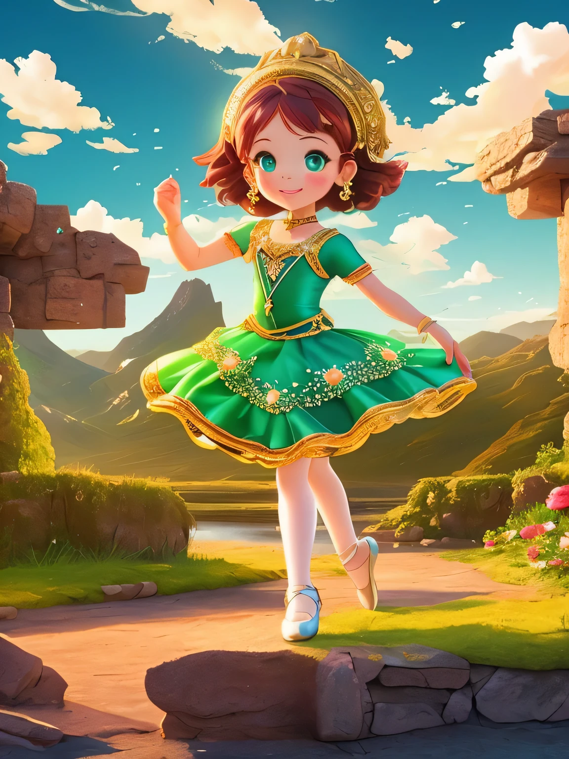 Produce a picturesque scene of a  little small girl , 5 years, with piercing green eyes, adorned in a ballet costume, gracefully dancing ballet amidst an ancient landscape. The clouds above should spell out the name 'SARAH'