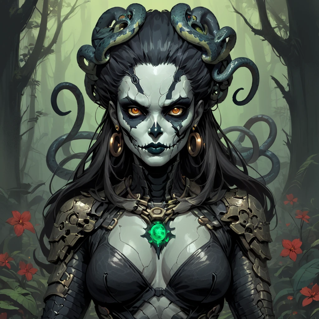 splash page decompressed comic cover art, joelle jones style expressive ink comic, rich color grading, rotoscope hyperrealism, frederic delavier musculature anatomy detailed accurate precise illustration, internal mechanics of robotic Medusa, cinematic, chiaroscuro lighting, surreal, slender medusa filled with steampunk gears and machinery, vertigo, overwhelming, intense, depth, Medusa, splash page decompressed comic cover art, ink style figure, candid, snake skin dress, ((art style expressive Joelle Jones and "Sean Gordon Murphy" comic drawing)), wordless, cinematic poster double exposure, optical illusion, image within image, abyss void black no visibility darkness, full body portrait, (background, pine barrens, entropy, rewilding, magic hour sunset, galaxy stars, cosmos), (horror, abstract, surreal, body, cosmic), body anatomy drawn in Frederic Delavier musculature anatomical illustration art style, (face, ornate black metal corpse paint, resembles Grace Jones), (body, Naga, snakefolk, lower body snake tail, snake woman hybrid, bald, hairless, skeleton, snake skin tattoos, piercing eyes, snake pupils, over the shoulder), (colors, merge bleak muted deep fiery radiant glowing ROYGBIV, forest green to earth brown), craftsmanship nuance, (art style Gerardo Zaffino charcoal), subliminal orchids, nyctophobia, (wordless, single image), silhouette