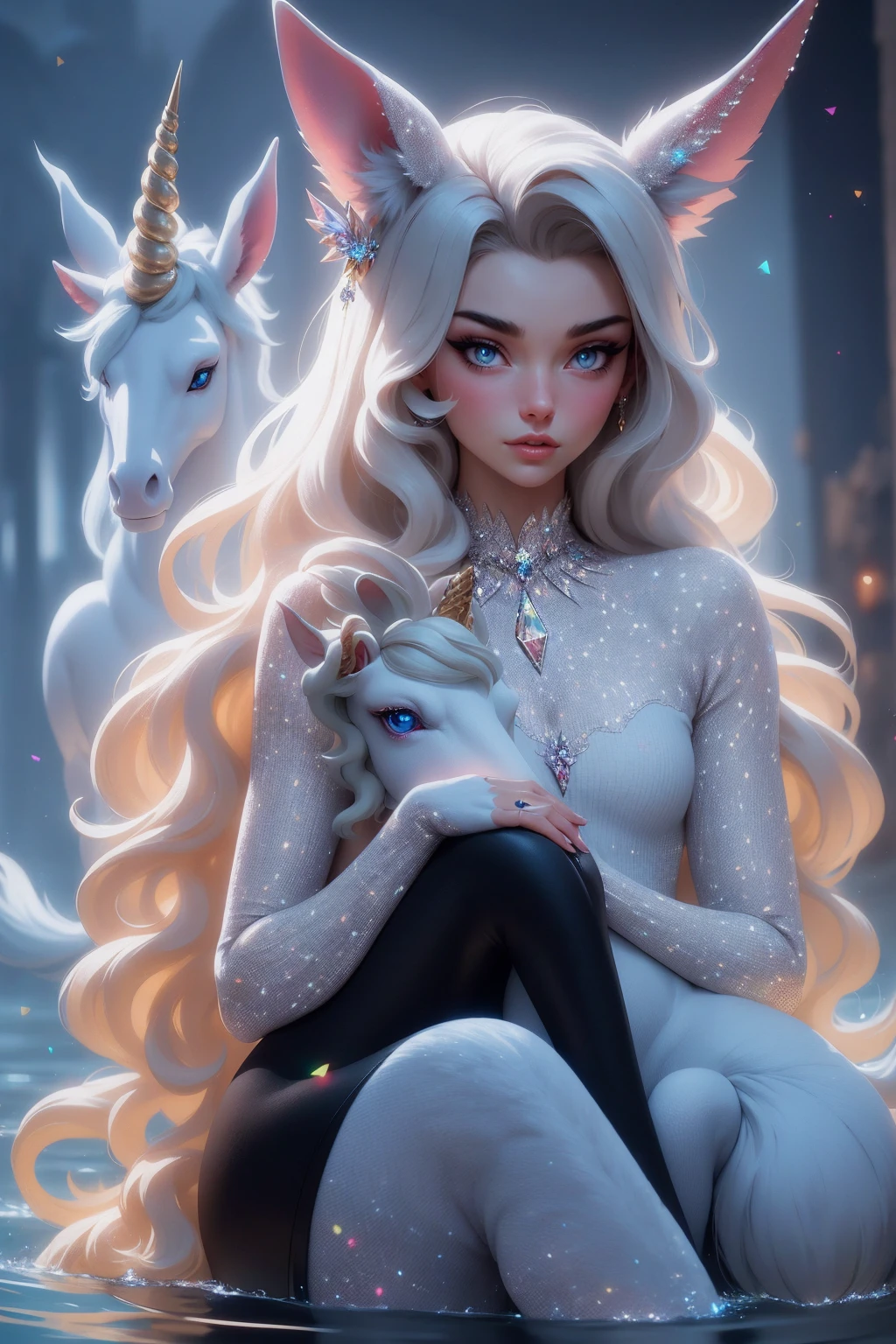 {-erro_de_anatomia:1.0} There is a black unicorn girl, blond mane and long mane, black unicorn, unicorn, unicorn horns, A unicorn, celestia, Nine stories, black unicorn, soft dreamy, cinematic light《fangs》Unicorn in, mythological creatures, a mythical creature, Pokémon illustration, unicorns, a glaceon princess, white dress, opal eyes. Auroracore, ghostly iridescent, image good for rendering, sitting on the water. unicorn girl, full body, holding a crystal unicorn,