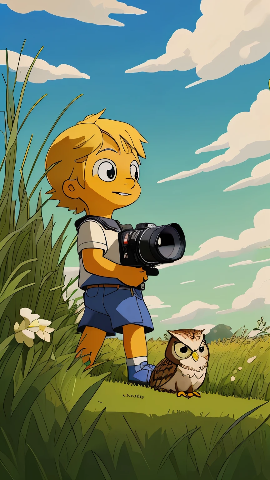 ((masterpiece, 8k, top quality)), A cartoon image, long shot, young blonde boy, ((back to the camera)), an owl on the grass by his side, looking up to the sky, blue sky cumulus clouds, grassy field