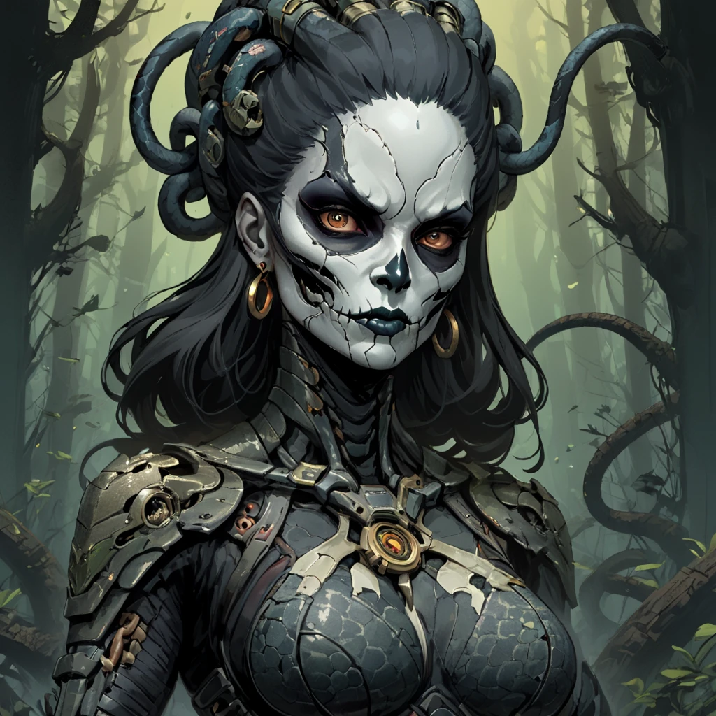splash page decompressed comic cover art, joelle jones style expressive ink comic, rich color grading, rotoscope hyperrealism, frederic delavier musculature anatomy detailed accurate precise illustration, internal mechanics of robotic Medusa, cinematic, chiaroscuro lighting, surreal, slender medusa filled with steampunk gears and machinery, vertigo, overwhelming, intense, depth, Medusa, splash page decompressed comic cover art, ink style figure, candid, snake skin dress, ((art style expressive Joelle Jones and "Sean Gordon Murphy" comic drawing)), wordless, cinematic poster double exposure, optical illusion, image within image, abyss void black no visibility darkness, full body portrait, (background, pine barrens, entropy, rewilding, magic hour sunset, galaxy stars, cosmos), (horror, abstract, surreal, body, cosmic), body anatomy drawn in Frederic Delavier musculature anatomical illustration art style, (face, ornate black metal corpse paint, resembles Grace Jones), (body, Naga, snakefolk, lower body snake tail, snake woman hybrid, bald, hairless, skeleton, snake skin tattoos, piercing eyes, snake pupils, over the shoulder), (colors, merge bleak muted deep fiery radiant glowing ROYGBIV, forest green to earth brown), craftsmanship nuance, (art style Gerardo Zaffino charcoal), subliminal orchids, nyctophobia, (wordless, single image), silhouette
