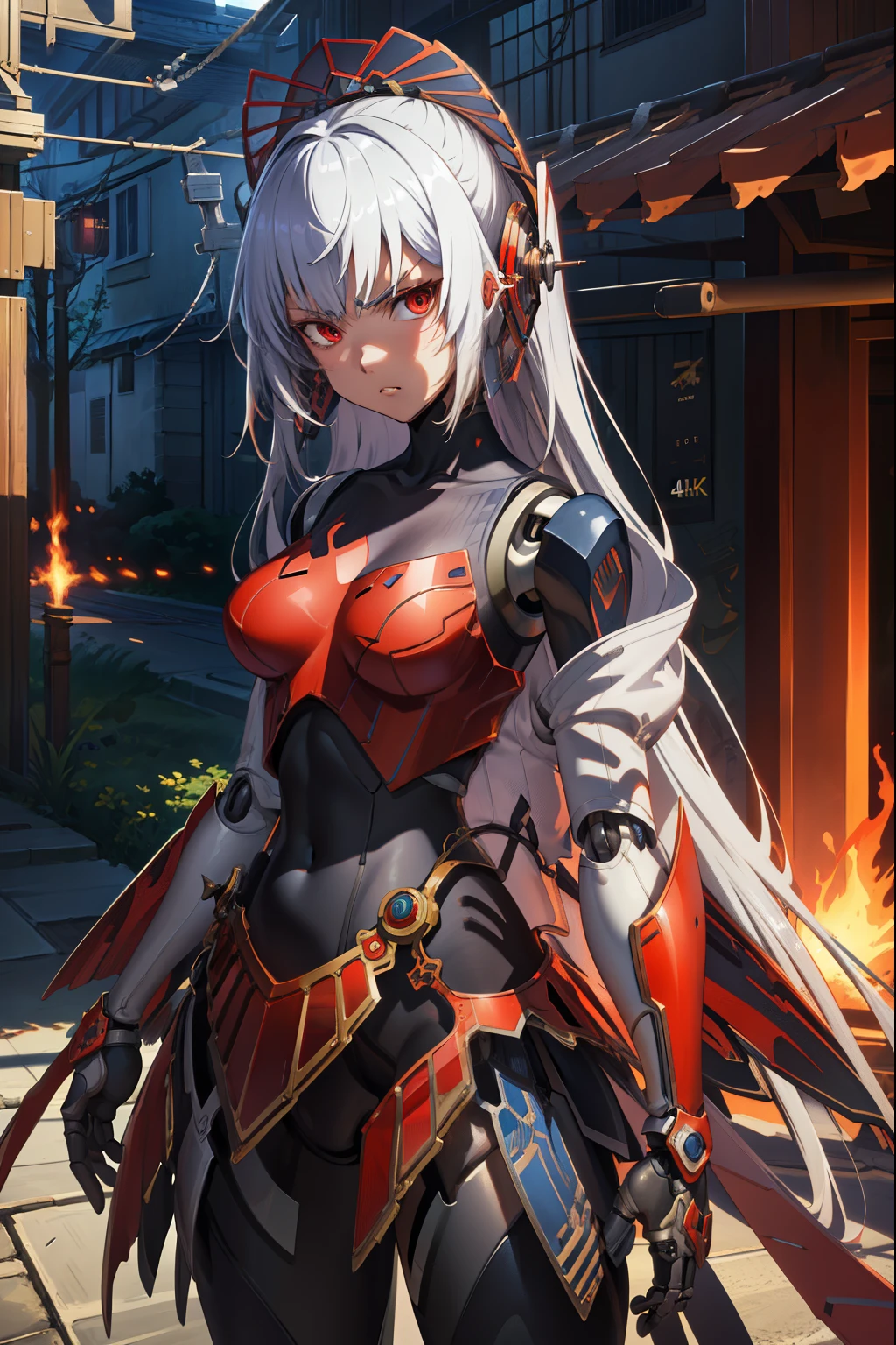 metis,android,robot joints,(extremely detailed CG unity 4k wallpaper),(masterpiece),(best quality),(ultra-detailed),(best illustration),(best shadow),(absurdres),(detailed background), White long hair (Hime cut), Red eyes, Angry, Arrogant, 