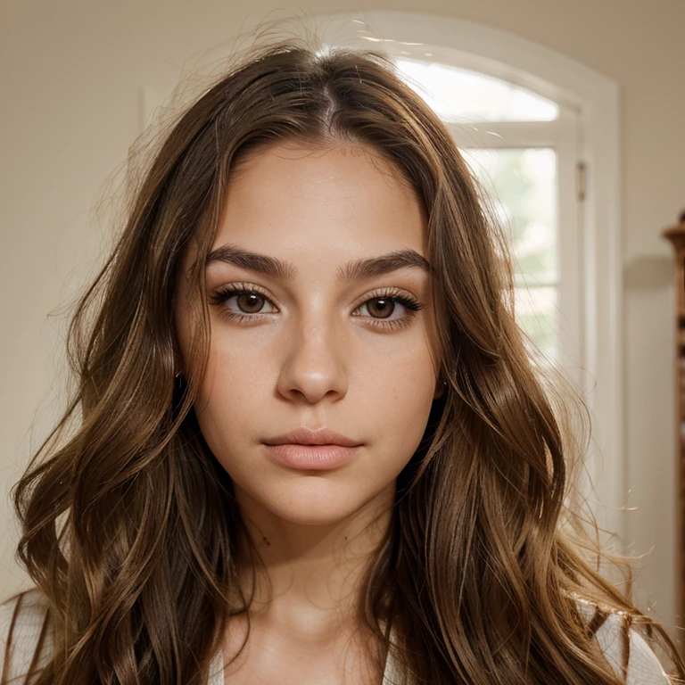realistic portrait photo of a beautiful woman with long wavy light brown highlighted hair, hair roots slightly faded, spanish, influencer, light brown eyes, full filler lips, on fleek eyebrows, small narrow face, strong jaw, small nose, no make-up, instagram