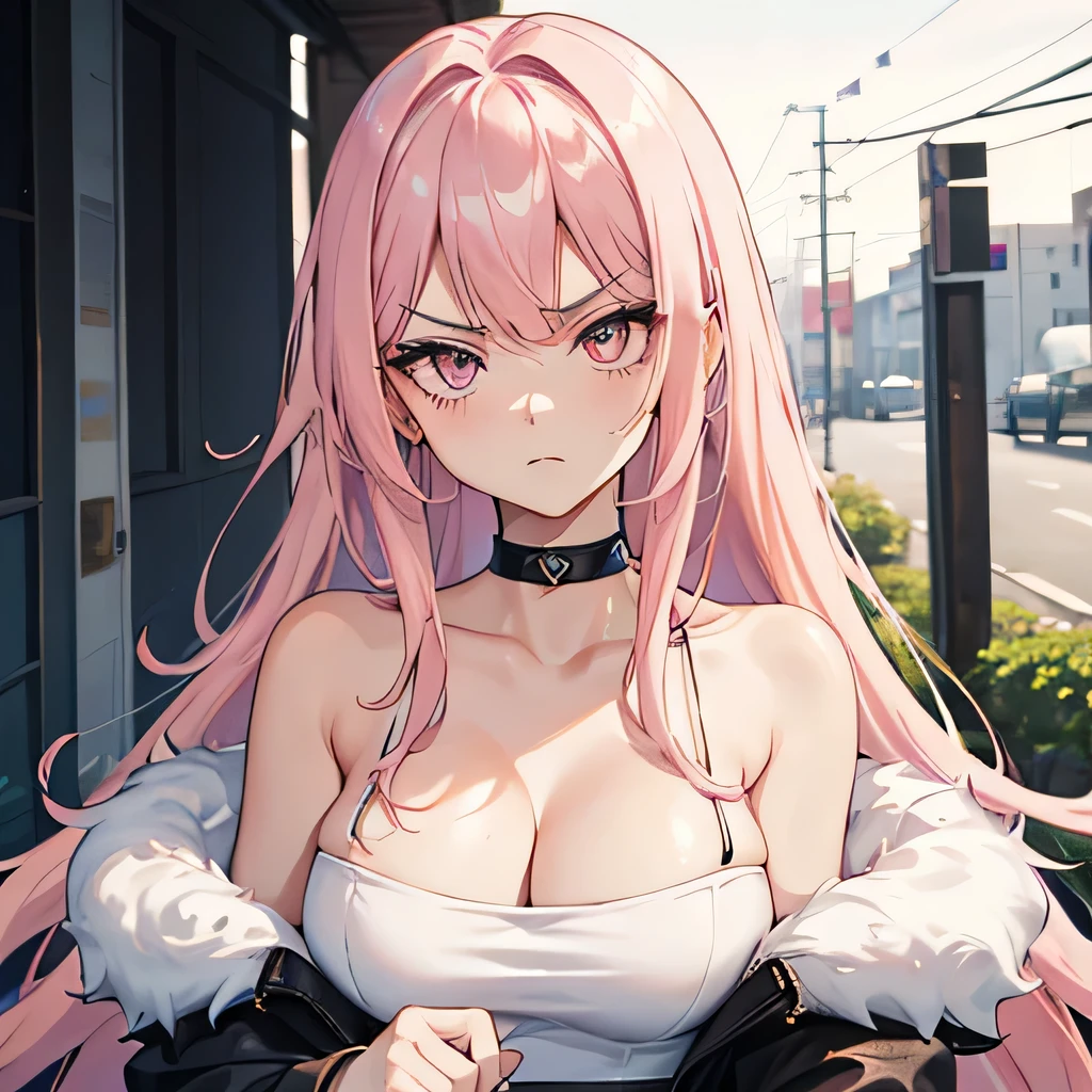 Hot girl, baddie, off shoulder, staring, glaring, shin raised up high, bad attitude, mean girl, dare, pastel pink hair, dark black eyes, fluffy hair, hair over eyes, angry, hate, crazy