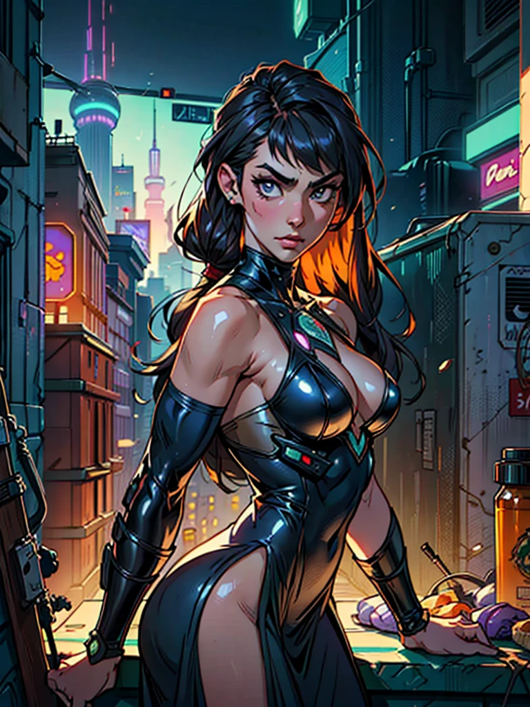 mdjrny-v4 style portrait photograph of Madison Beer as Ultraviolet, young beautiful sci-fi girl, perfect symmetrical face, cyberpunk, hi-tech latex dress, armed female hunter warrior, (((future city))) environment, Brazil landscape, ultra realistic, concept art, elegant, ((intricate)), ((highly detailed)), depth of field, ((professionally color graded)), soft ambient lighting, dusk, 8k, art by artgerm and greg rutkowski and alphonse mucha
