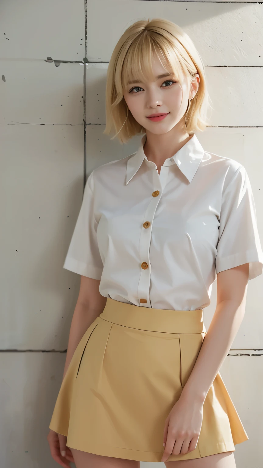 highest quality, masterpiece, 8k, ultra high resolution, (realistic: 1.4), 1 girl, beautiful face, symmetrical eyes, big, perfect body proportions, ((short hair、bangs))、((blonde:1.5)), school teacher、((The shirt is not buttoned、flare skirt:1.4)), ((the front of the shirt is open:1.5)), The viewer's gaze, ((Stand leaning against the wall、blurred background:1.5)), look at camera、friendly smile、seems kind、cowboy shot