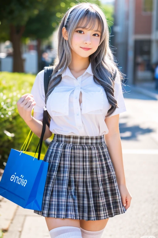 NiziU's request: A Japanese high school girl, shopping with friends after school, looking only at the camera, full-body shot, silver-white hair, bust-length, big breasts, very short skirt, open chest, the cutest girl in school, grey and blue checkered skirt, skirt flipped up by the wind, looking a little embarrassed, knee-highs, lightly curled hair
