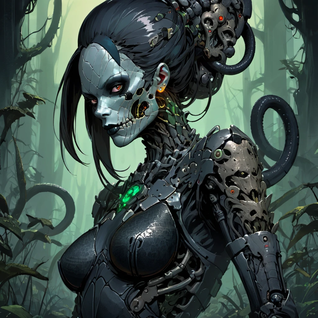 splash page decompressed comic cover art, joelle jones style expressive ink comic, rich color grading, rotoscope hyperrealism, frederic delavier musculature anatomy detailed accurate precise illustration, internal mechanics of robotic Medusa, cinematic, chiaroscuro lighting, surreal, slender medusa filled with steampunk gears and machinery, vertigo, overwhelming, intense, depth, Medusa, splash page decompressed comic cover art, ink style figure, candid, snake skin dress, ((art style expressive Joelle Jones and "Sean Gordon Murphy" comic drawing)), wordless, cinematic poster double exposure, optical illusion, image within image, abyss void black no visibility darkness, full body portrait, (background, pine barrens, entropy, rewilding, magic hour sunset, galaxy stars, cosmos), (horror, abstract, surreal, body, cosmic), body anatomy drawn in Frederic Delavier musculature anatomical illustration art style, (face, ornate black metal corpse paint, resembles Grace Jones), (body, Naga, snakefolk, lower body snake tail, snake woman hybrid, bald, hairless, skeleton, snake skin tattoos, piercing eyes, snake pupils, over the shoulder), (colors, merge bleak muted deep fiery radiant glowing ROYGBIV, forest green to earth brown), craftsmanship nuance, (art style Gerardo Zaffino charcoal), subliminal orchids, nyctophobia, (wordless, single image), silhouette