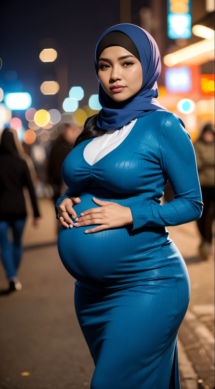 mature Malay girl in hijab and blue Mock Neck Ribbed Knit Bodycon Long Dress & Open Front Jacket walking around in a crowded place, (bokeh),big breasts, (huge pregnant), professional photography, beautiful girl, big breasts, big breasts, small waist, slim stomach , wide hips, thick, thigh-high, bright lighting, blurred background, (bokeh),morning scene, professional photography