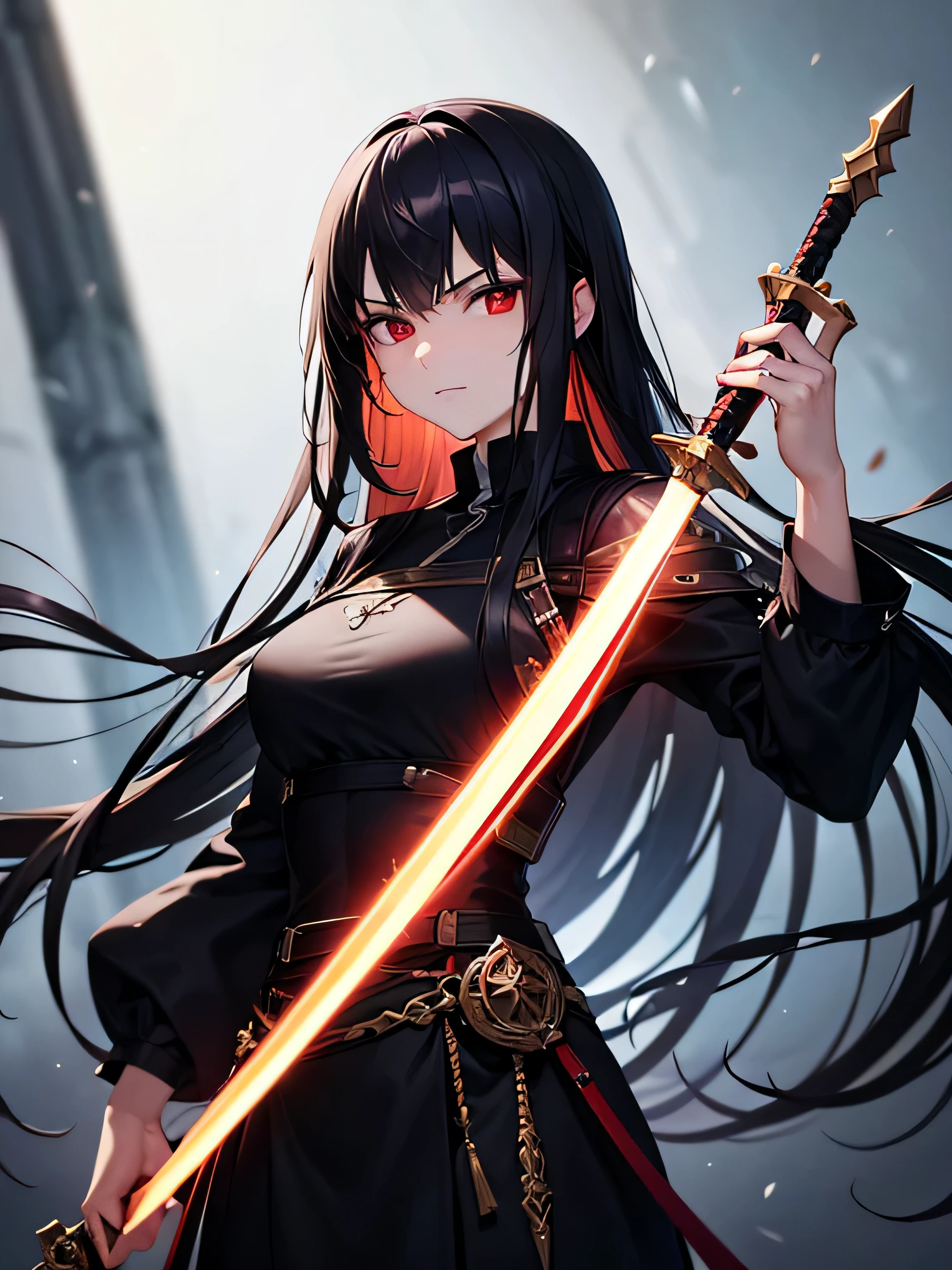 ((best quality)), ((masterpiece)), (detailed), perfect face, Long black hair, red eyes, holding a sword, far away from viewer, good lighting