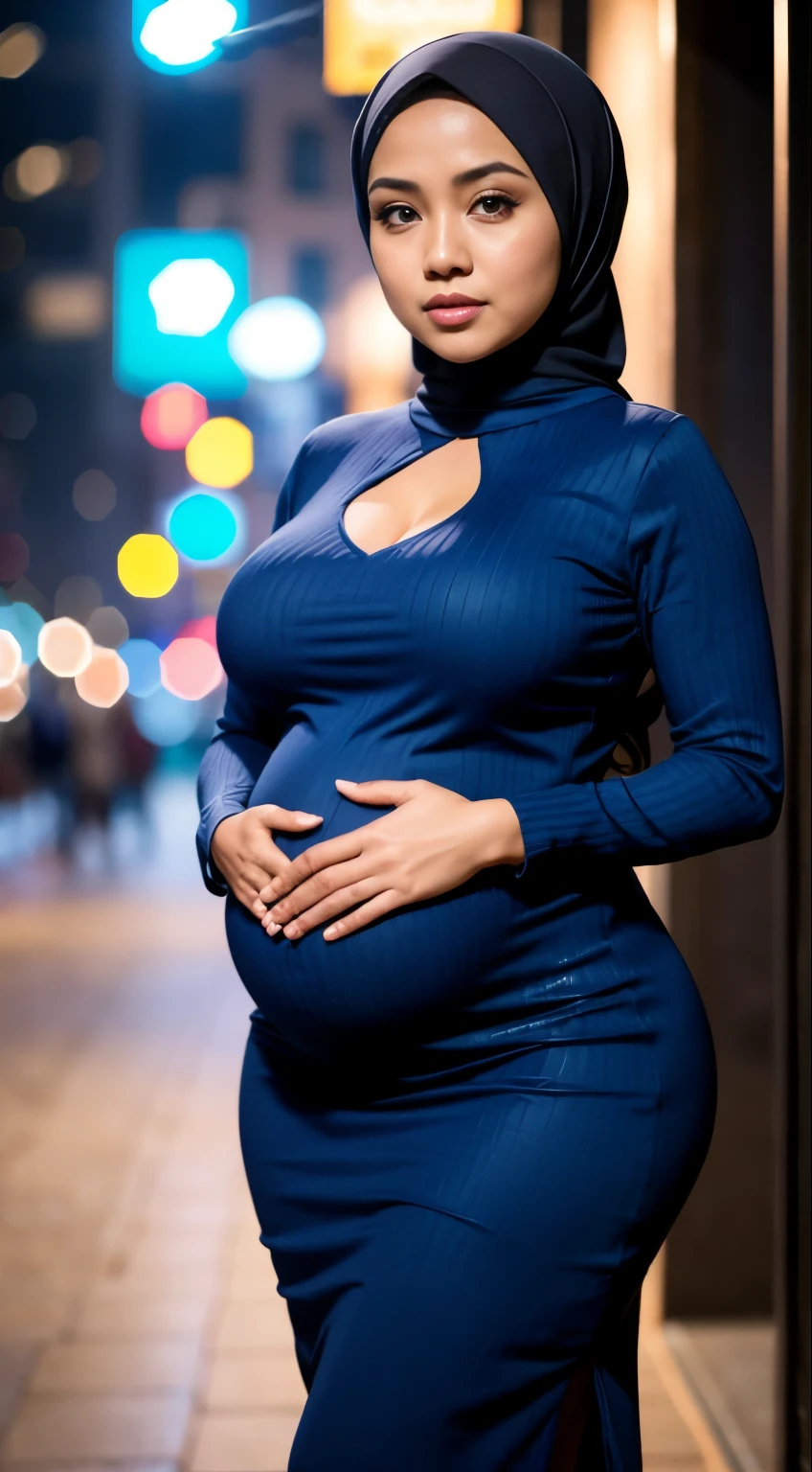 mature Malay girl in hijab and blue Mock Neck Ribbed Knit Bodycon Long Dress & Open Front Jacket walking around in a crowded place, (bokeh),big breasts, (huge pregnant), professional photography, beautiful girl, big breasts, big breasts, small waist, slim stomach , wide hips, thick, thigh-high, bright lighting, blurred background, (bokeh),morning scene, professional photography