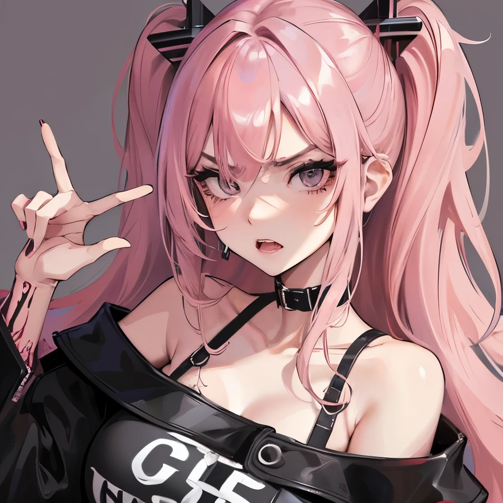 Hot girl, baddie, off shoulder, staring, glaring, shin raised up high, bad attitude, mean girl, dare, pastel pink hair, dark black eyes, fluffy hair, hair over eyes, angry, hate, crazy, hot, slut, whore