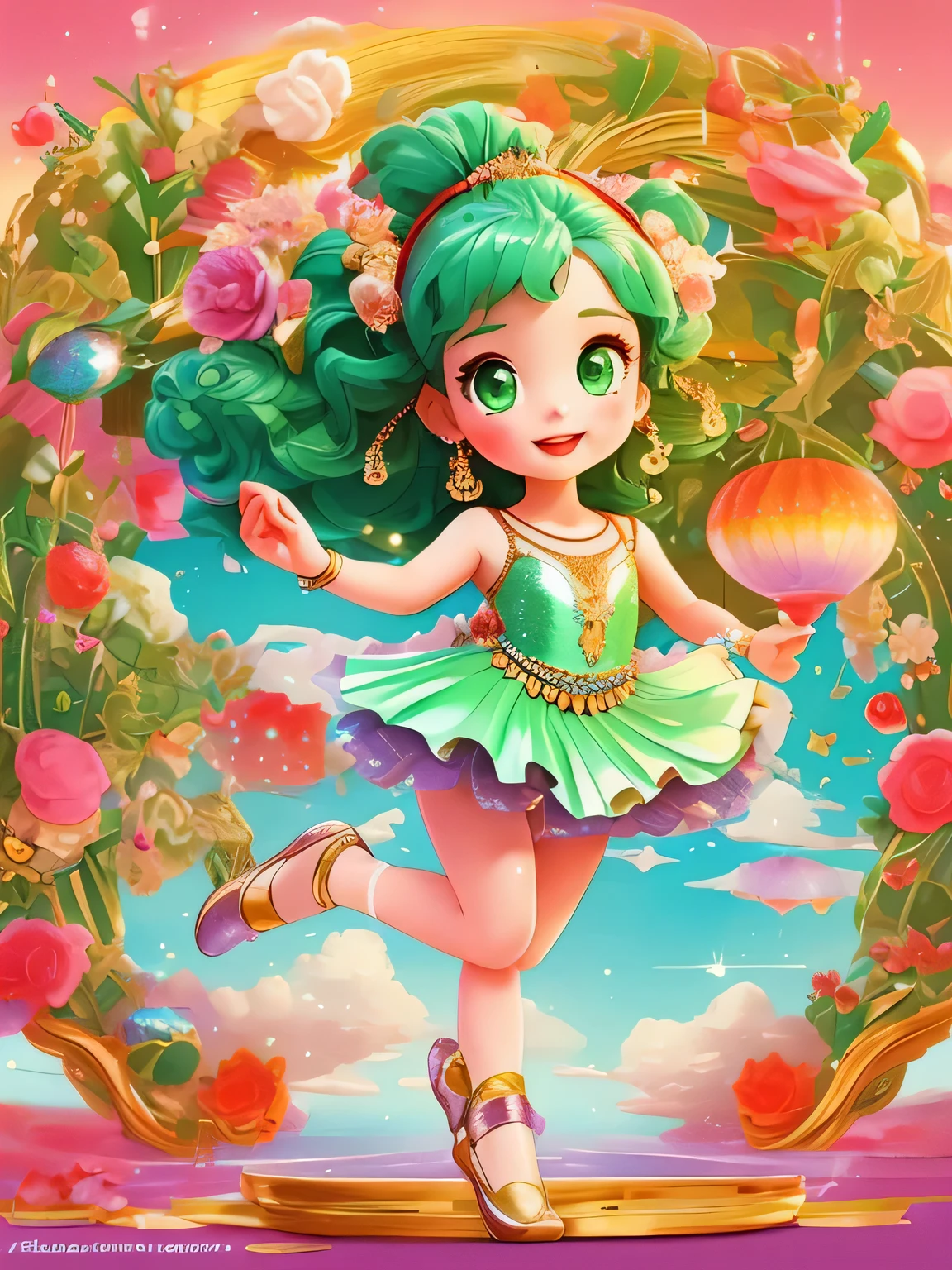 Produce a breathtaking illustration of a  girl,5 yearsh striking green eyes, adorned in a ballet outfit, dancing gracefully in an ancient milieu. Let the clouds in the sky intricately arrange themselves to form the name 'SARAH'.