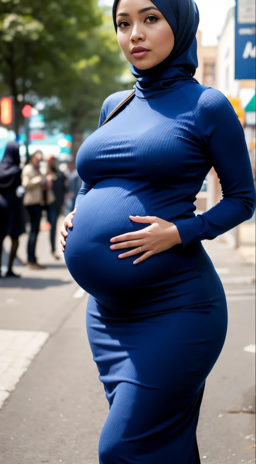 mature Malay girl in hijab and blue Mock Neck Ribbed Knit Bodycon Long Dress & Open Front Jacket walking around in a crowded place, (bokeh),big breasts, (huge pregnant), professional photography, beautiful girl, big breasts, big breasts, small waist, slim stomach , wide hips, thick, thigh-high, bright lighting, blurred background, (bokeh),morning scene, professional photography