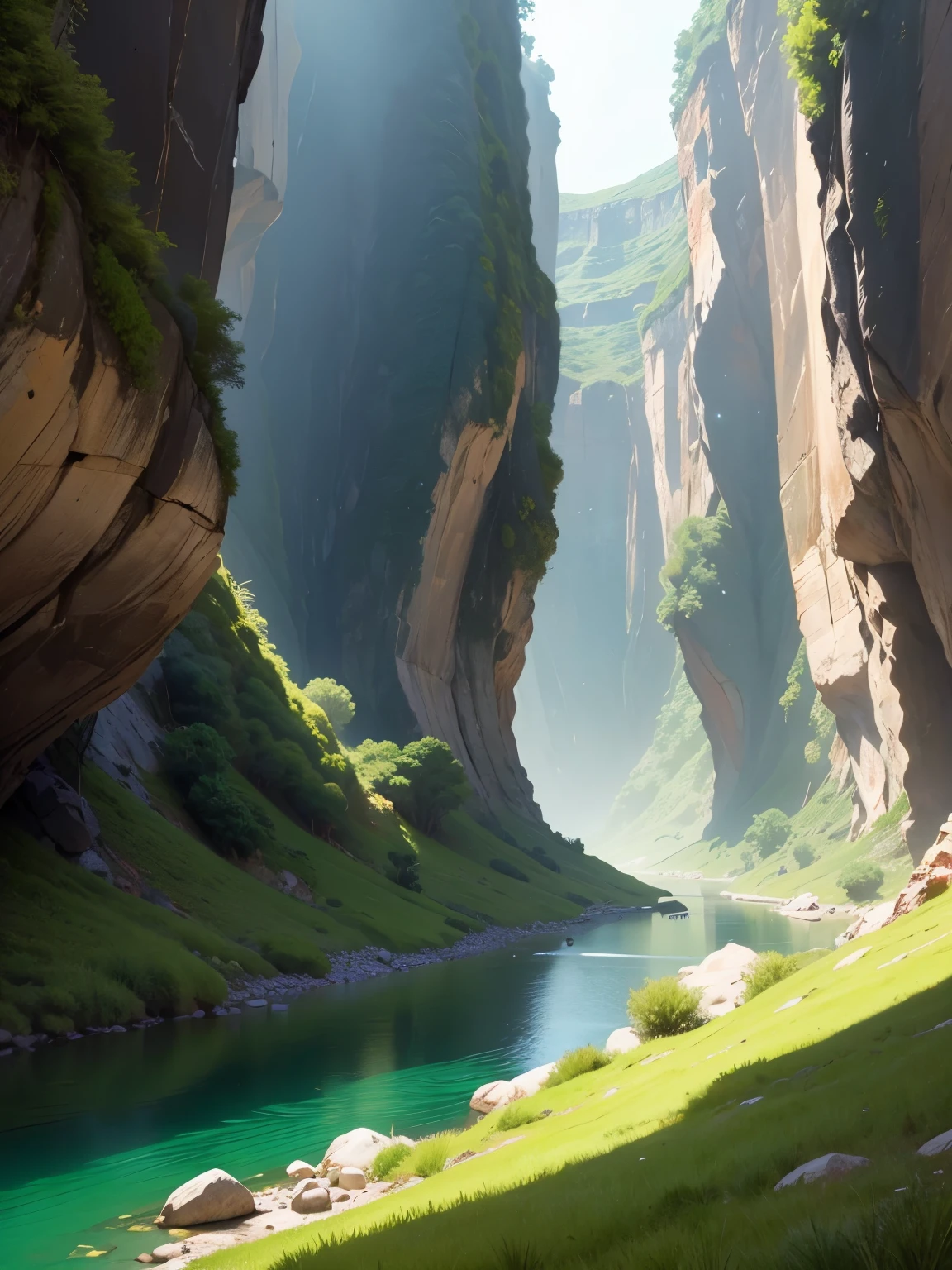 a huge green meadow in a very wide canyon, a small river runs with many curves that runs through the meadow, el rio hace curvas en S