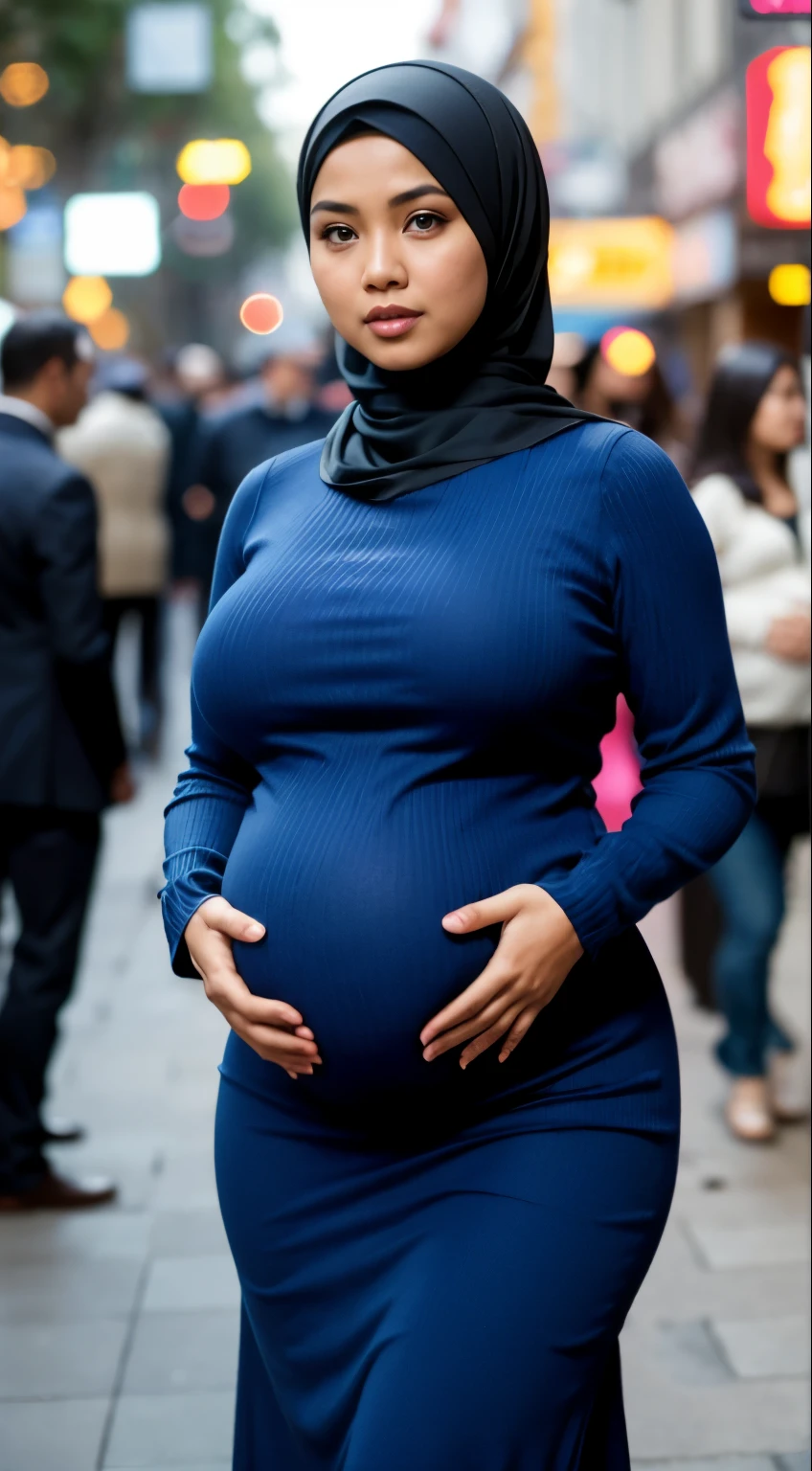 mature Malay girl in hijab and blue Mock Neck Ribbed Knit Bodycon Long Dress & Open Front Jacket walking around in a crowded place, (bokeh),big breasts, (huge pregnant), professional photography, beautiful girl, big breasts, big breasts, small waist, slim stomach , wide hips, thick, thigh-high, bright lighting, blurred background, (bokeh),morning scene, professional photography