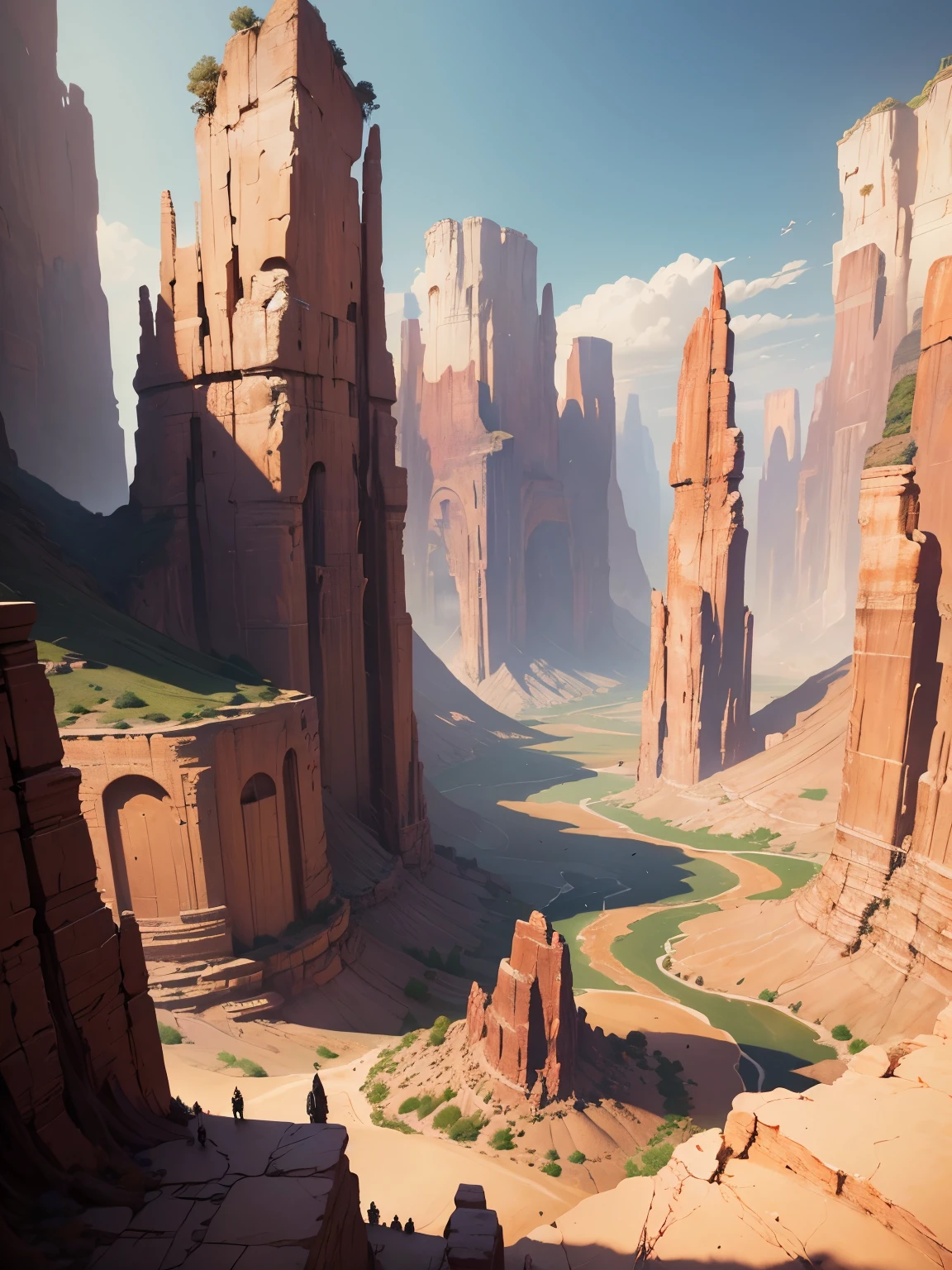 There is a spacious canyon,The canyon is surrounded by statues holding weapons.,4k morrowind concept art, painterly concept art, Dotret! matte painting concept art, noah bradley concept art, concept-art |