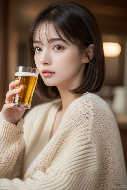 8k uhd,RAW photo,A cute Japanese woman drinking beer in a club and having fun,smile,