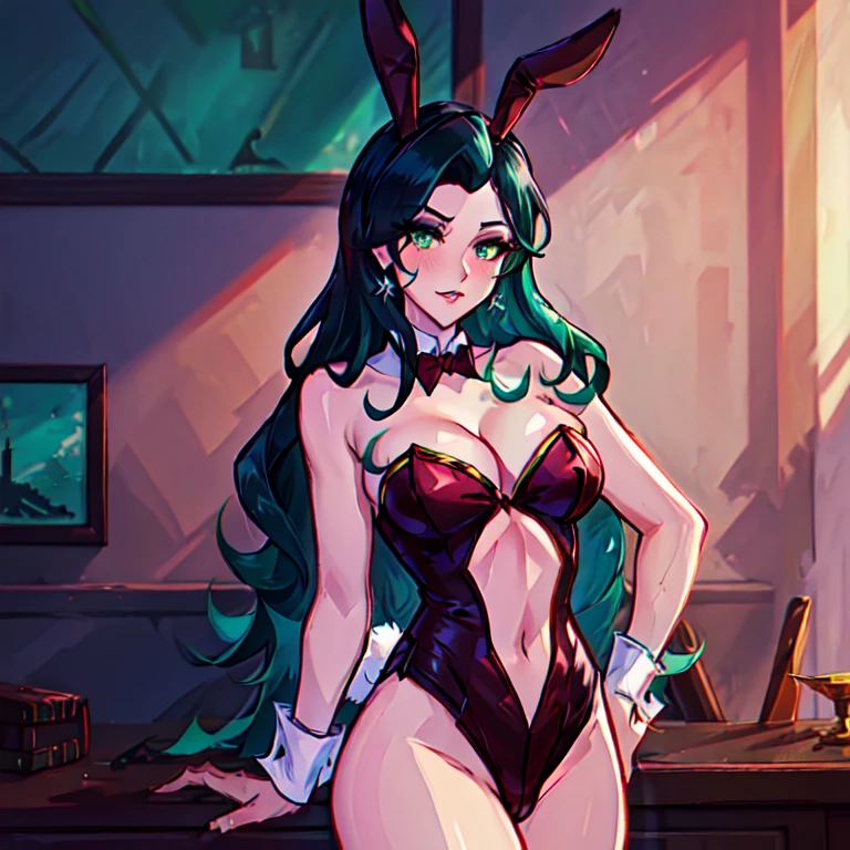 masterpiece, high quality, best quality, intricate detailed, highres, volumetric lighting, dynamic angle, depth of field, (portrait), looking at viewer,
1girl, solo, female focus,
curvy, cleavage, slim waist, thick thighs,
(full-face blush),
aroused, flirtatious,
TLOK_Asami_Sato, (main_outfit),
\green eyes\, black hair, playboy bunny, rabbit ears, breasts, animal ears, earrings, cleavage, long hair, 1girl, fake animal ears, medium breasts, bowtie, jewelry, eyelashes, tail, bow, upper body, solo focus, red bowtie, bare shoulders, strapless, wrist cuffs, red bow, rabbit tail, blunt bangs, detached collar, looking away, bangs, naked, simple background, straight hair, aqua hair, indoors, living room
city background,
