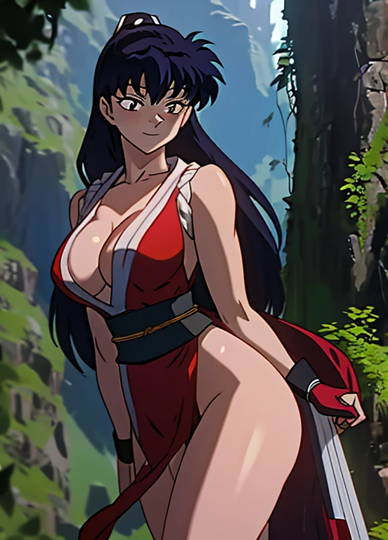 masterpiece, best quality, Kagome Higurashi, 25 years old, large breasts, cleavage, very busty, big hips, She stands tall while wearing a red Kunoichi dress, pelvic curtain, arm guards and gloves. she's looking directly at the camera with an confident smirk. Her gaze is both alluring and fierce, as she holds a red fan with a tight grip. cowboy shot, BREAK Outdoors, the view of the green forest, Perfect Anatomy,(Professional Lighting), 4k textures, raw photo, epic artistic, photoreal art, sharp focus, even lighting, insane details, intricate details, hyperdetailed, rich colors
