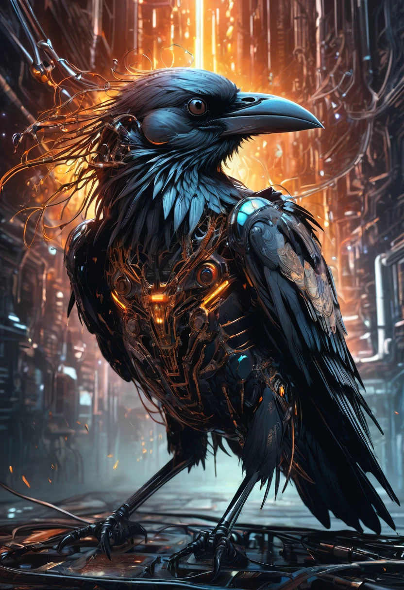A masterful artistic digital rendering of a sinister cybernetic crow made from sparks and fire by Simon Prades, h.r giger, russ mills, Shaun Ryken, celestial, UHD, 8k resolution, fantasy editorial art, complex and hyperdetailed, beautiful composition, a modern surrealistic masterpiece by Dan Mumford