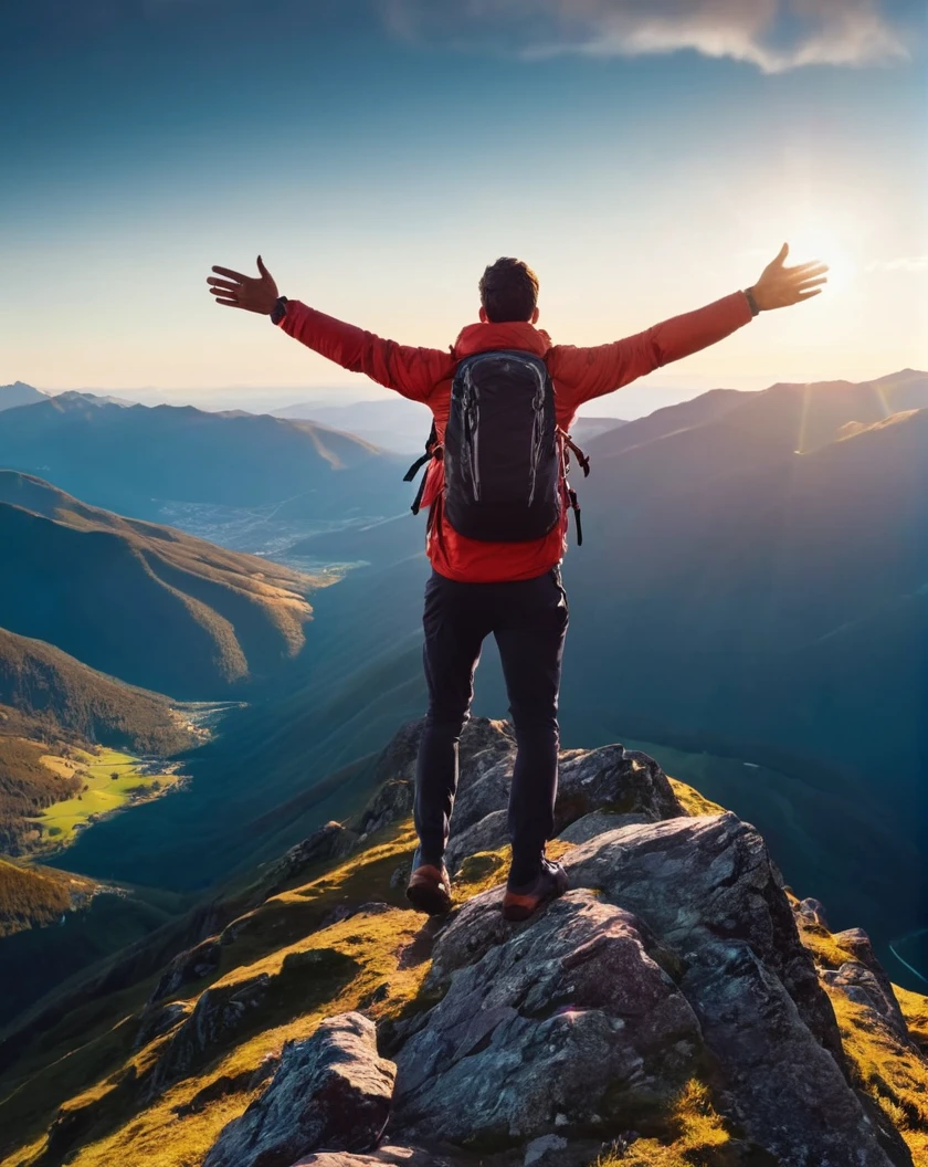 Generates an 8k UHD photograph of a man on the top of a mountain with her arms extended towards the sky, a masterpiece