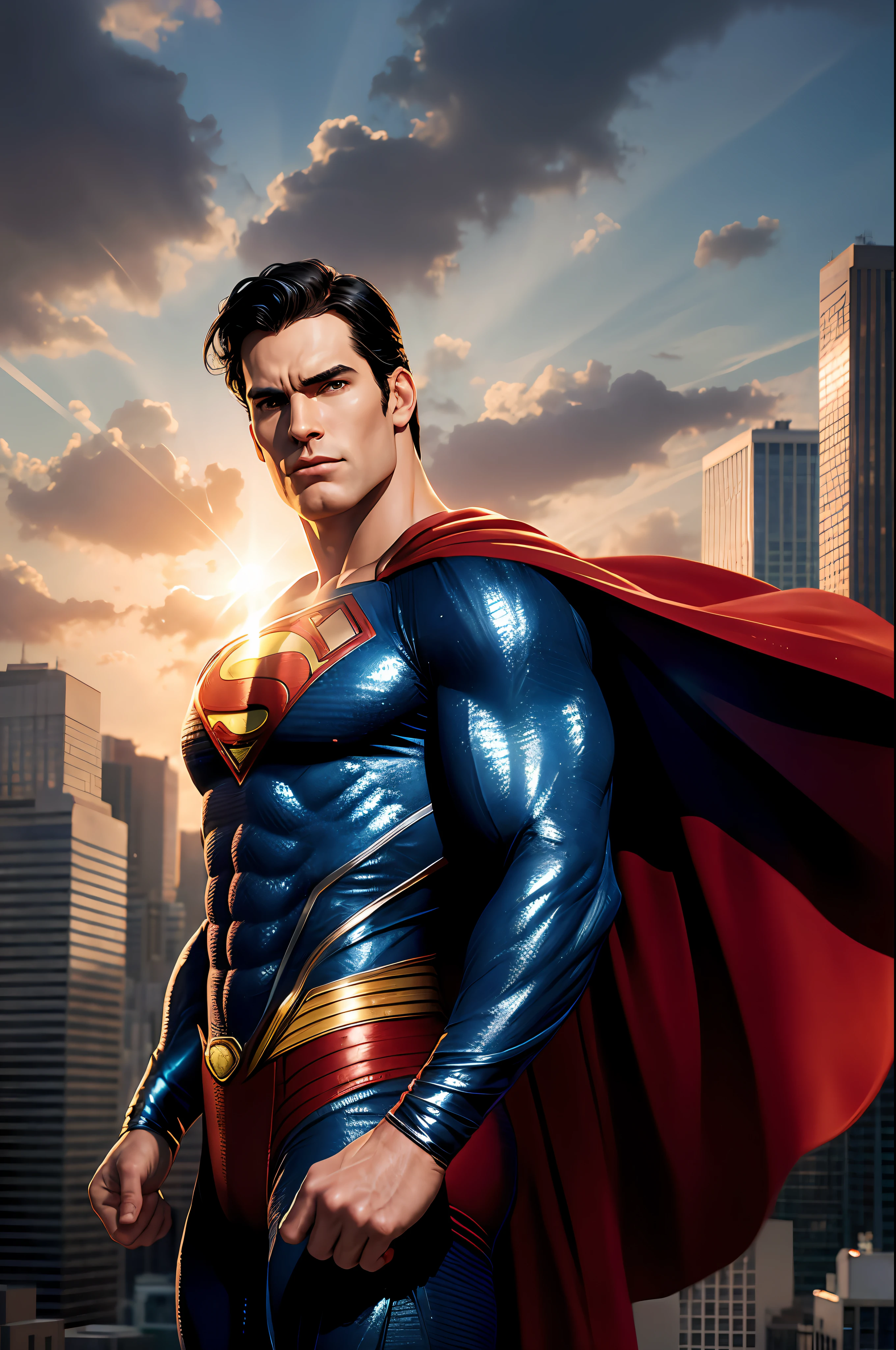 A highly realistic depiction of Superman, the iconic superhero, is showcased in this image. The focus is on Superman's muscular physique, defined facial features, and confident expression. His vibrant blue suit clings tightly to his body, emphasizing his superhuman strength. The iconic red cape flows behind him, adding a sense of motion and grandeur to the scene. The lighting in the image accentuates the contours of his body, creating realistic shadows and highlights. The background features a cityscape, with tall buildings and a cloudy sky, hinting at Superman's role as a guardian of Metropolis. The attention to detail in the rendering captures the essence of Superman's character, showcasing his power, determination, and unwavering commitment to justice. This realistic portrayal of Superman pays homage to the beloved superhero while emphasizing his iconic presence and larger-than-life persona