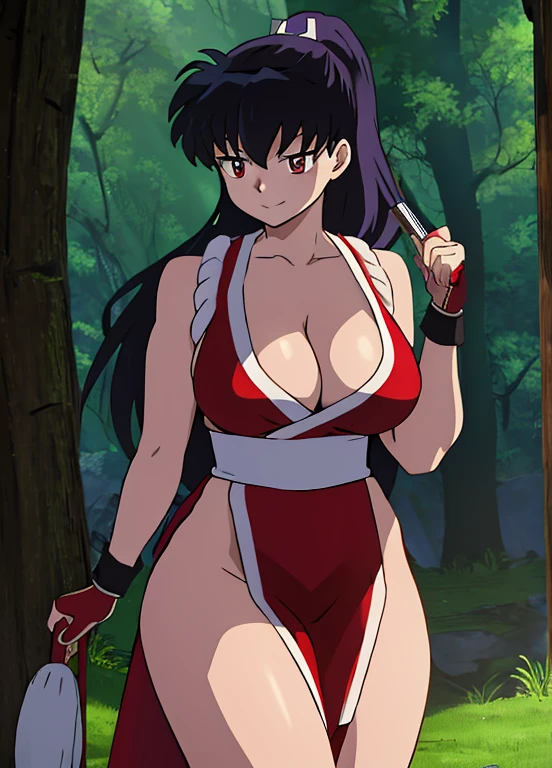 masterpiece, best quality, Kagome Higurashi, 25 years old, large breasts, cleavage, very busty, big hips, She stands tall while wearing a red Kunoichi dress, pelvic curtain, arm guards and gloves. she's looking directly at the camera with an confident smirk. Her gaze is both alluring and fierce, as she holds a red fan with a tight grip. cowboy shot, BREAK Outdoors, the view of the green forest, Perfect Anatomy,(Professional Lighting), 4k textures, raw photo, epic artistic, photoreal art, sharp focus, even lighting, insane details, intricate details, hyperdetailed, rich colors