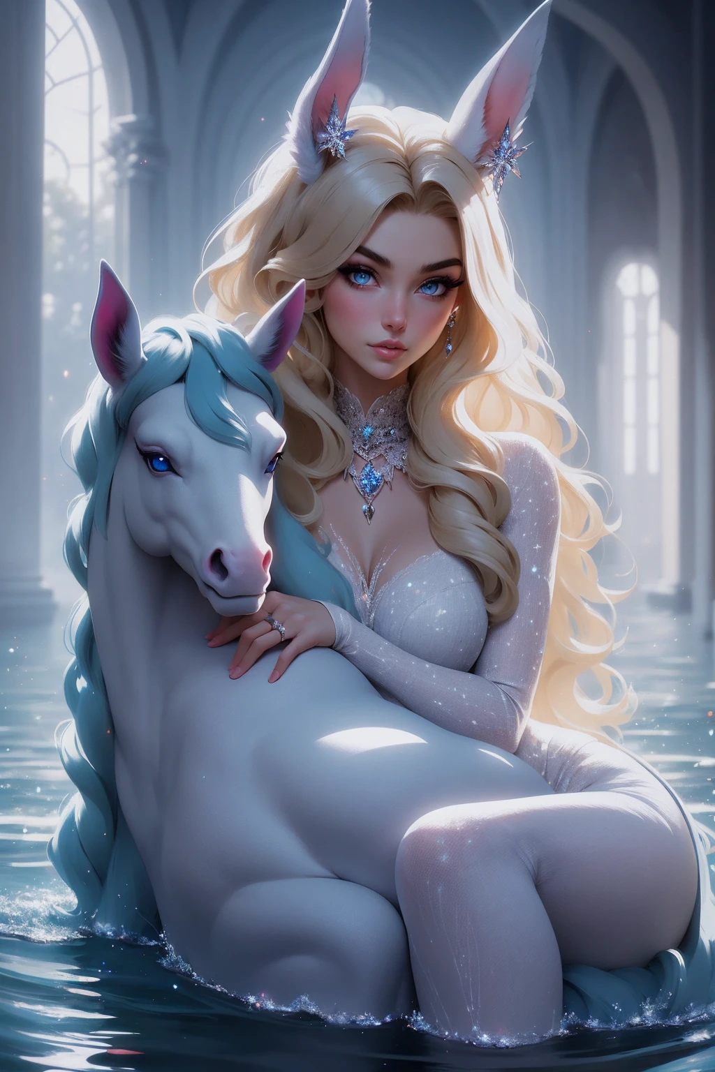 {-erro_de_anatomia:1.0} There is a black unicorn girl, blond mane and long mane, black unicorn, unicorn, unicorn horns, A unicorn, celestia, Nine stories, black unicorn, soft dreamy, cinematic light《fangs》Unicorn in, mythological creatures, a mythical creature, Pokémon illustration, unicorns, a glaceon princess, white dress, opal eyes. Auroracore, ghostly iridescent, image good for rendering, sitting on the water. unicorn girl, full body, holding a crystal unicorn, 