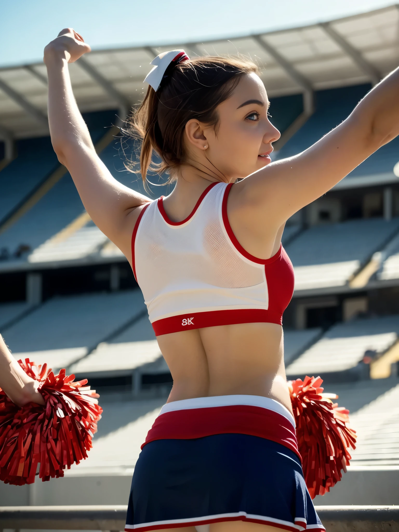 A photorealistic portrait of a 30-year-old Indian Tv anchor woman with big-sized breasts with, wearing a cute red and white cheerleader sexy outfit, sexy cheerleader outfit,sexy legs, wearing blue high heels,red lipstick,She is cheering with pom poms, (cricket stadium), ((She is standing in cricket ground)),captured in close up  full-body shot, 8k resolution, with high detail and quality.