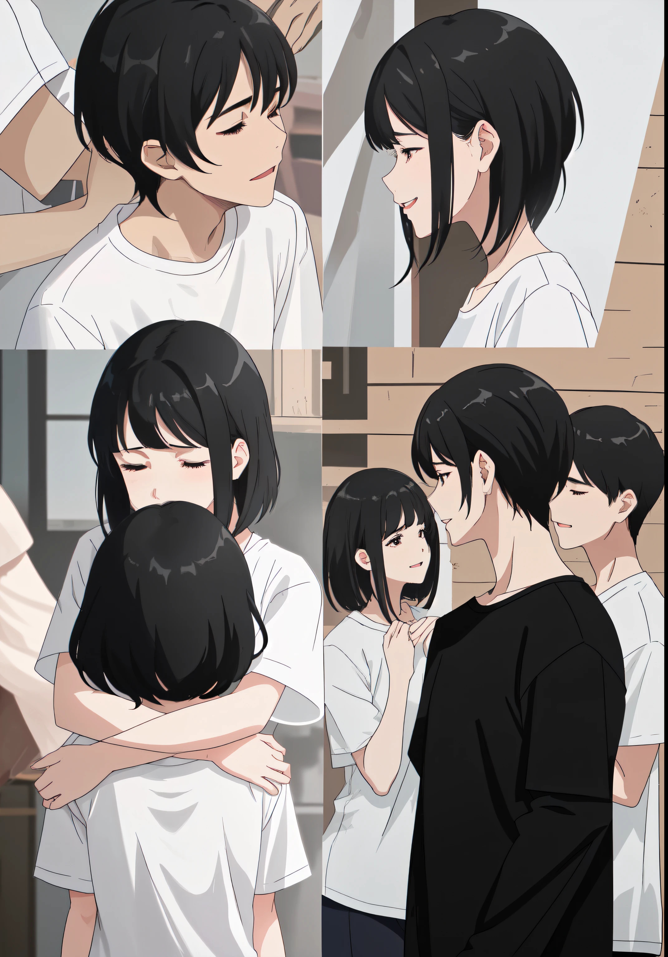 Bring the scene to life, where the guy gently hugs the girl from behind and kisses her on the top of her head, Show their sincere emotions and joy from communicating with each other, Side view, the girl has long black hair, the guy has short black hair, girl dressed in a white shirt, the guy is wearing a black shirt 