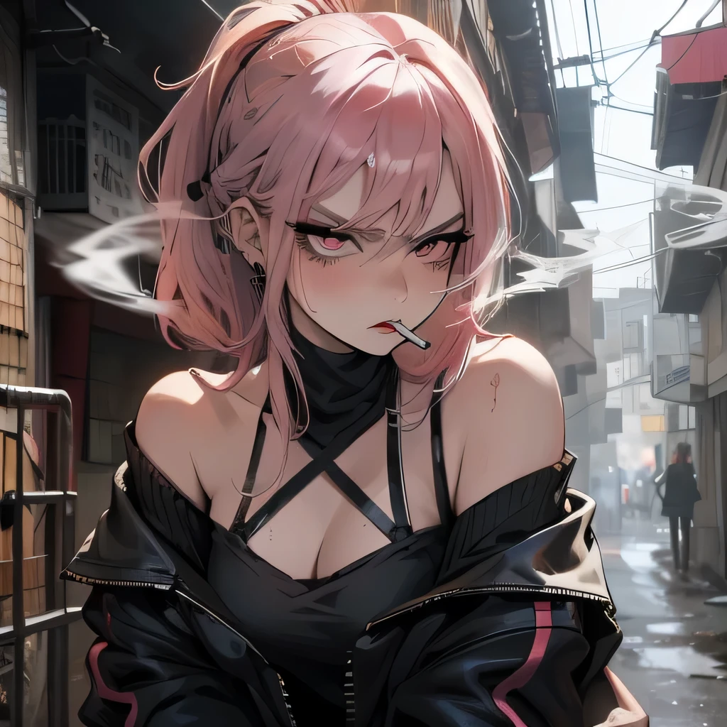 Hot girl, baddie, off shoulder, staring, glaring, shin raised up high, bad attitude, mean girl, dare, pastel pink hair, dark black eyes, fluffy hair, hair over eyes, angry, hate, crazy, hot, slut, whore, smoking