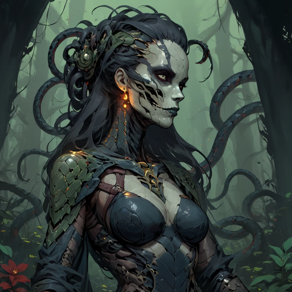 splash page decompressed comic cover art, joelle jones style expressive ink comic, rich color grading, rotoscope hyperrealism, frederic delavier musculature anatomy detailed accurate precise illustration, internal mechanics of robotic Medusa, cinematic, chiaroscuro lighting, surreal, slender medusa filled with steampunk gears and machinery, vertigo, overwhelming, intense, depth, Medusa, splash page decompressed comic cover art, ink style figure, candid, snake skin dress, ((art style expressive Joelle Jones and "Sean Gordon Murphy" comic drawing)), wordless, cinematic poster double exposure, optical illusion, image within image, abyss void black no visibility darkness, full body portrait, (background, pine barrens, entropy, rewilding, magic hour sunset, galaxy stars, cosmos), (horror, abstract, surreal, body, cosmic), body anatomy drawn in Frederic Delavier musculature anatomical illustration art style, (face, ornate black metal corpse paint, resembles Grace Jones), (body, Naga, snakefolk, lower body snake tail, snake woman hybrid, bald, hairless, skeleton, snake skin tattoos, piercing eyes, snake pupils, over the shoulder), (colors, merge bleak muted deep fiery radiant glowing ROYGBIV, forest green to earth brown), craftsmanship nuance, (art style Gerardo Zaffino charcoal), subliminal orchids, nyctophobia, (wordless, single image), silhouette