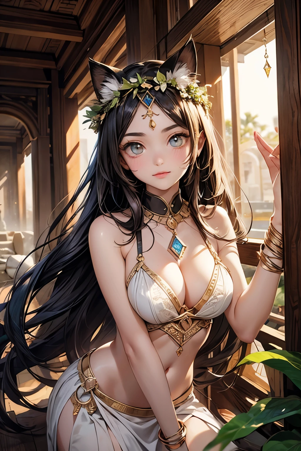 ((Masterpiece)), (Anime:1.3), ((best quality)), (RAW photo:1.2), (High Definition:1.3), (Professional Photography:1.2), (), Textured skin, cinematic lighting, Very pretty Egyptian girl, smirk, Egyptian clothe, cute eyes, (Beautiful diamond eyes:1.5), (put on cat ears), unruly hair, cool pose, ((glossy lips)), (head wreath), crystal Ornaments, light particles, Slender body, dark skin, worried girl, BREAK, Egyptian fortune teller's house, (ancient ruined overgrown),