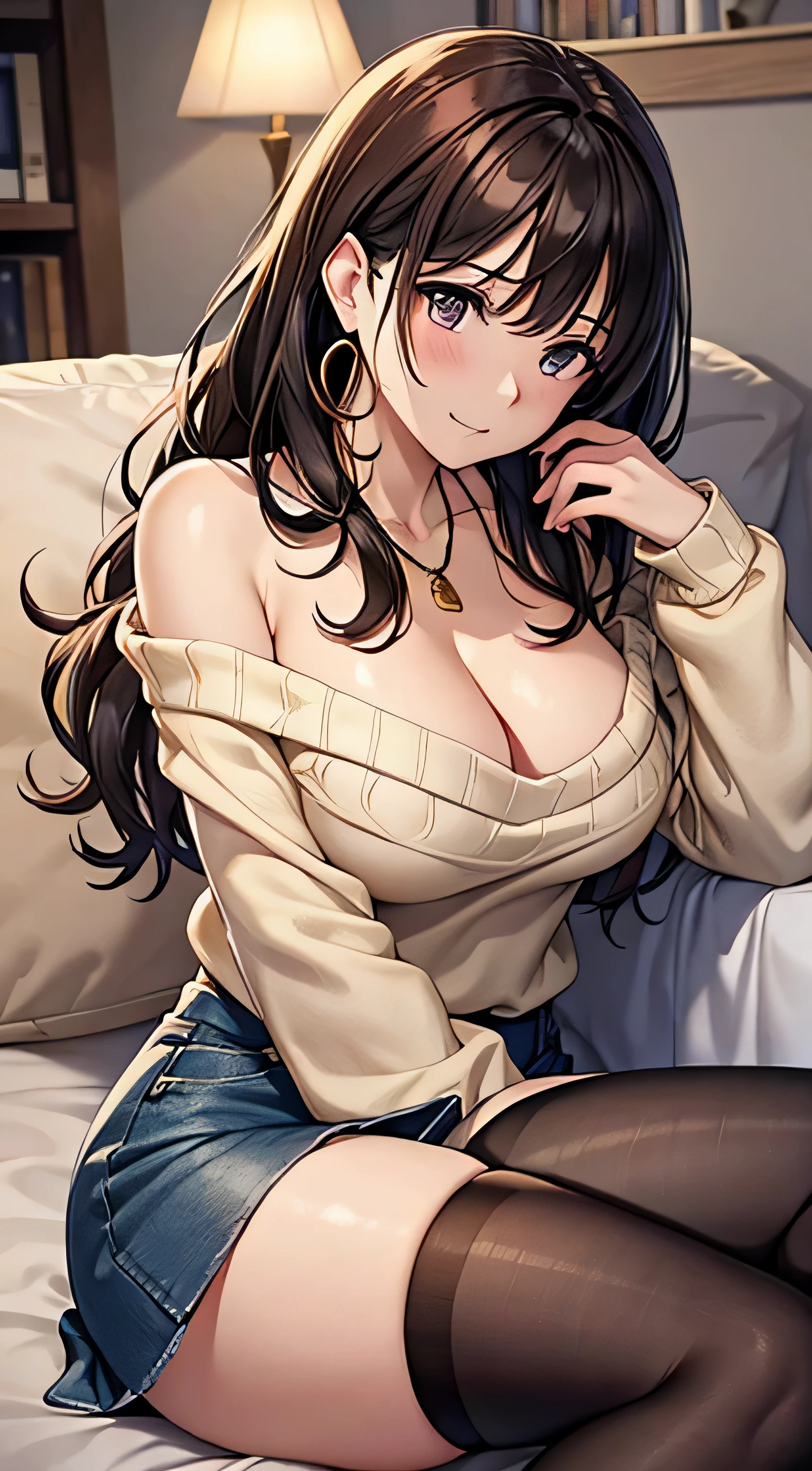 (table top, highest quality, High resolution, , perfect pixel, 4k,), 1 girl, single, alone, Beautiful woman、I could see the whole body、 ((wavy middle hair, bangs, brown hair)), ((brown eyes, beautiful eyelashes, realistic eyes)), ((detailed face, blush:1.2)), ((smooth texture:0.75, realistic texture:0.65, realistic:1.1, Anime CG style)), medium breasts, dynamic angle, perfect body, ((, beige off shoulder sweater、Tight denim skirt、black stockings、cute necklace、earrings、)), upper grade、shy smile、Luxury hotel room、sleep on your back in bed、((open legs))、angle from below、Put your arms together to accentuate your cleavage、、((Pink lace panties are visible))、