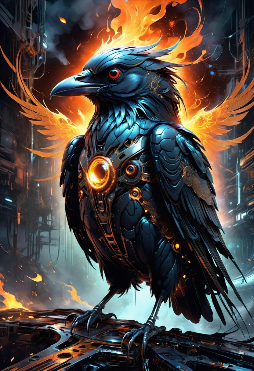 A masterful artistic digital rendering of a sinister cybernetic crow made from sparks and fire by Simon Prades, h.r giger, russ mills, Shaun Ryken, celestial, UHD, 8k resolution, fantasy editorial art, complex and hyperdetailed, beautiful composition, a modern surrealistic masterpiece by Dan Mumford
