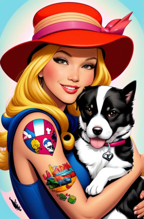 Digital painting, 4k, comic Babes, puffy woman with hat and dog in arms, in digital illustration style, color digital illustration, stylized digital illustration, by Dave Arredondo, color tattoo illustration, color illustration, J.. Scott Campbell, illustration cover art, illustration art, by Wayne England, digital illustration -, illustration art, highly detailed vector art